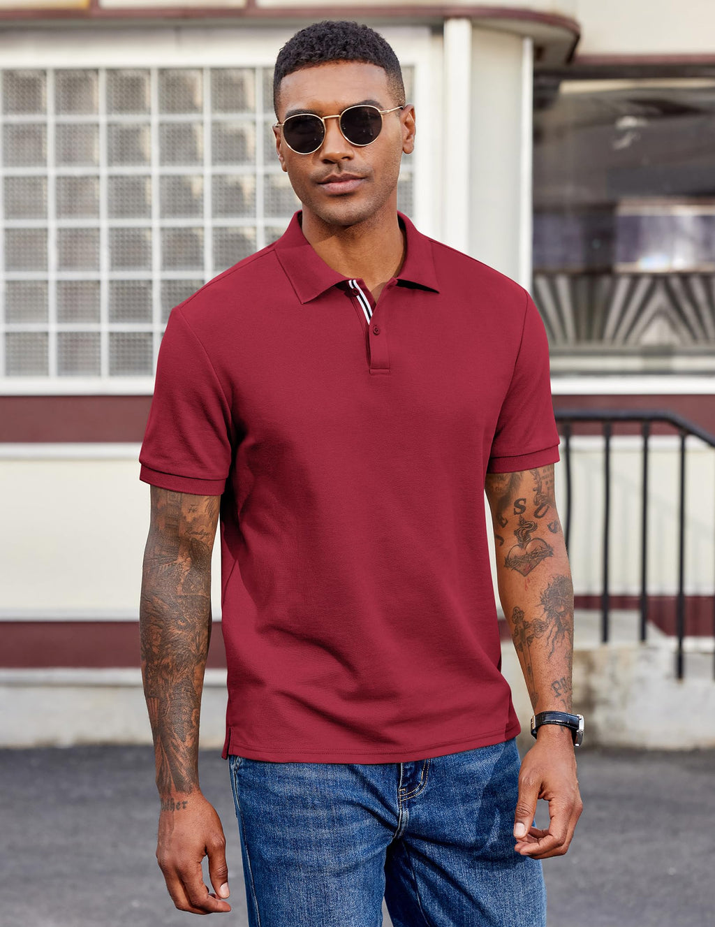Men's Polo Shirts Short Sleeve Cotton Pique Casual Button T Shirts Classic Fit Collared Golf Shirts