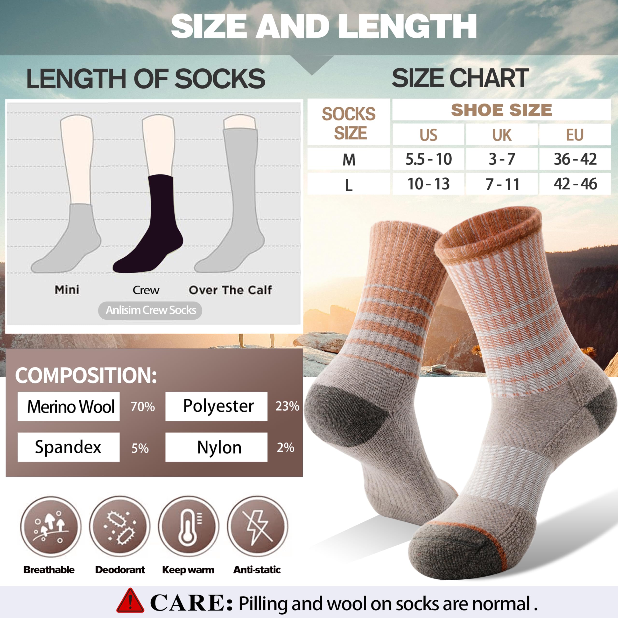 Merino Wool Hiking Socks for Women Thermal Winter Warm Boot Work Cushion Socks 5 Pairs