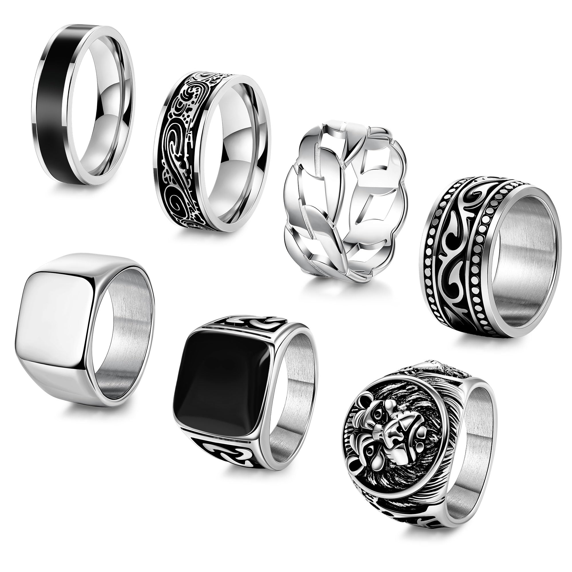 7Pcs Stainless Steel Vintage Signet Rings for Men Square Signet Rings Cuban Link Chain Ring Pinky Thumb Celtic Band Spinner Ring Silver Gold Polished Edge Mens Ring Biker Rings Set,Size 8-13