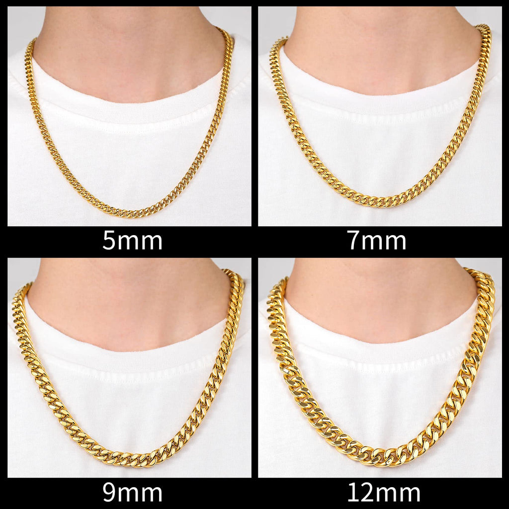 Stainless Steel Mens Cuban Link Chain, Black/ 18K Gold Plated Miami Cuban Chain Necklace, 5mm/7mm/9mm/12mm/14mm Width, No Tarnish& Durable Hip Hop Mens Jewelry, 18"-30", Send Gift Box