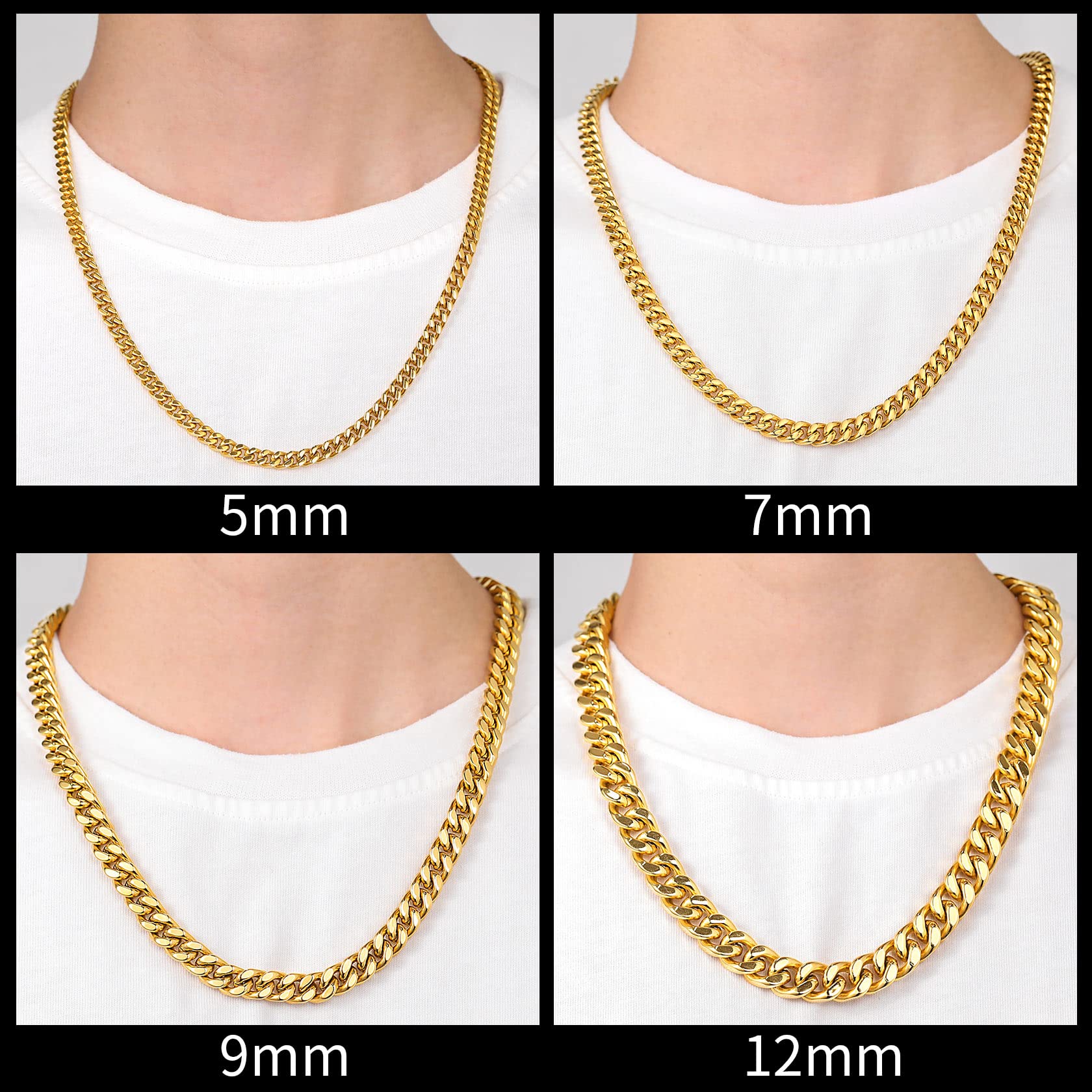 Stainless Steel Mens Cuban Link Chain, Black/ 18K Gold Plated Miami Cuban Chain Necklace, 5mm/7mm/9mm/12mm/14mm Width, No Tarnish& Durable Hip Hop Mens Jewelry, 18"-30", Send Gift Box