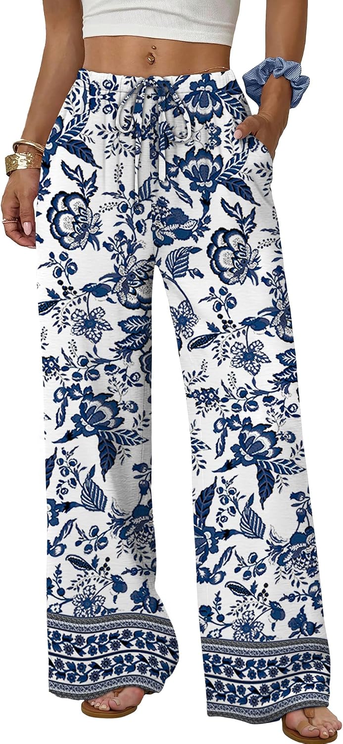 Wide Leg Pants for Women Flowy Palazzo Drawstring Elastic Waist Trousers with Pockets Summer Beach Vacation Clothes