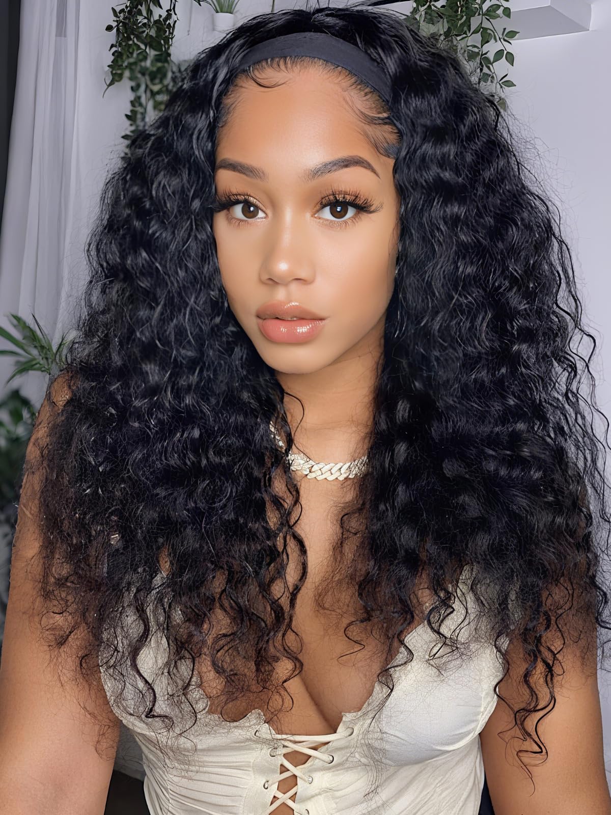 Water Wave Headband Wig Human Hair with Drawstring No-Slip Glueless Headband Half Human Hair Wig 150% Density Natural Black 26 inch