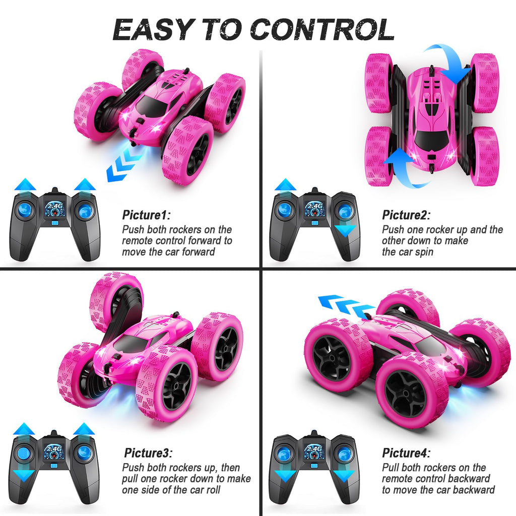 QUNREDA RC Cars, Pink Remote Control Car for Girls, 2.4 GHZ Double Sided RC Stunt Car 360° Rotating Remote Control Crawler with Headlights Car Toys for 6 7 8 9 10 11 12 Girls Birthday Gift Grandkids