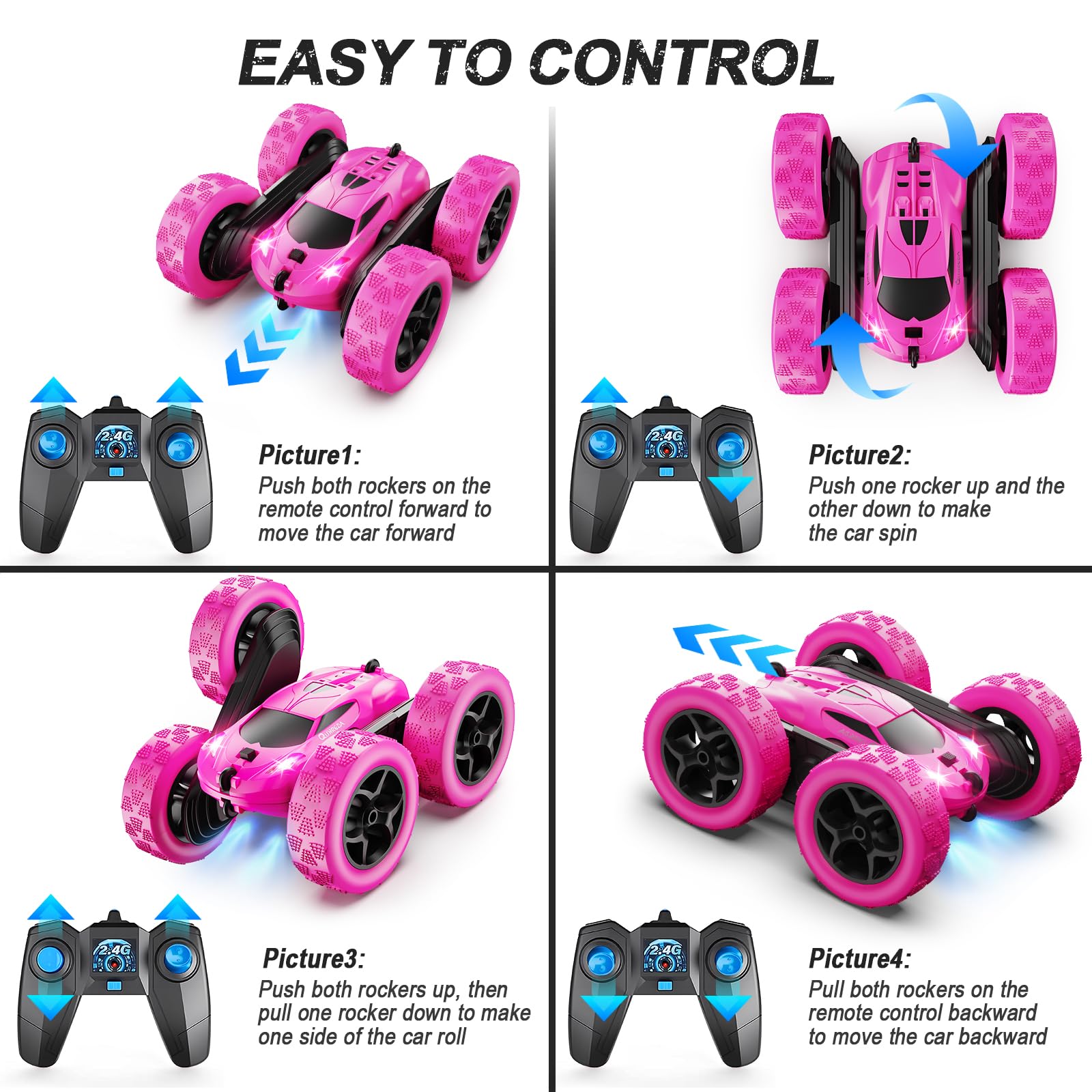 QUNREDA RC Cars, Pink Remote Control Car for Girls, 2.4 GHZ Double Sided RC Stunt Car 360° Rotating Remote Control Crawler with Headlights Car Toys for 6 7 8 9 10 11 12 Girls Birthday Gift Grandkids