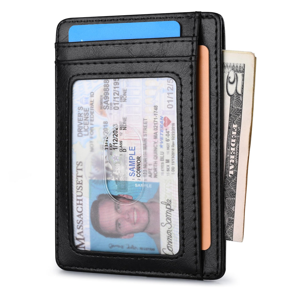 Slim Minimalist Front Pocket RFID Blocking Leather Wallets for Men and Women - Carbon Fiber Black