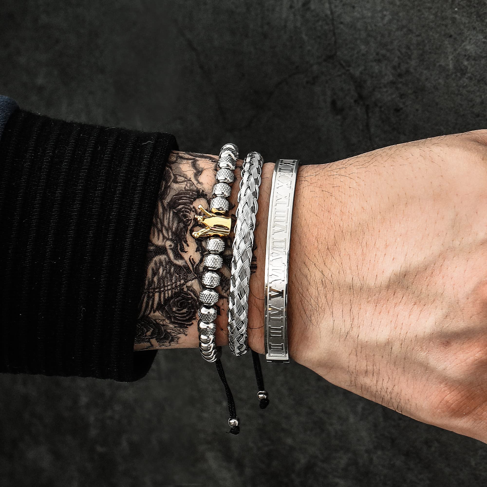 3PCS Stainless Steel Bracelets for Men Gold Roman Numeral Bangle Bracelet Twisted Cable Bracelet Adjustable Cuff Bracelet Mens Luxury Jewelry Bracelets Gifts