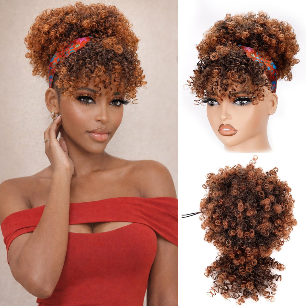 Drawstring Ponytail for Black Women, Afro Puff Kinky Curly Hair Ponytail Extension with Bangs Black Updo Natural Hair Ponytail (1B Natural Black)