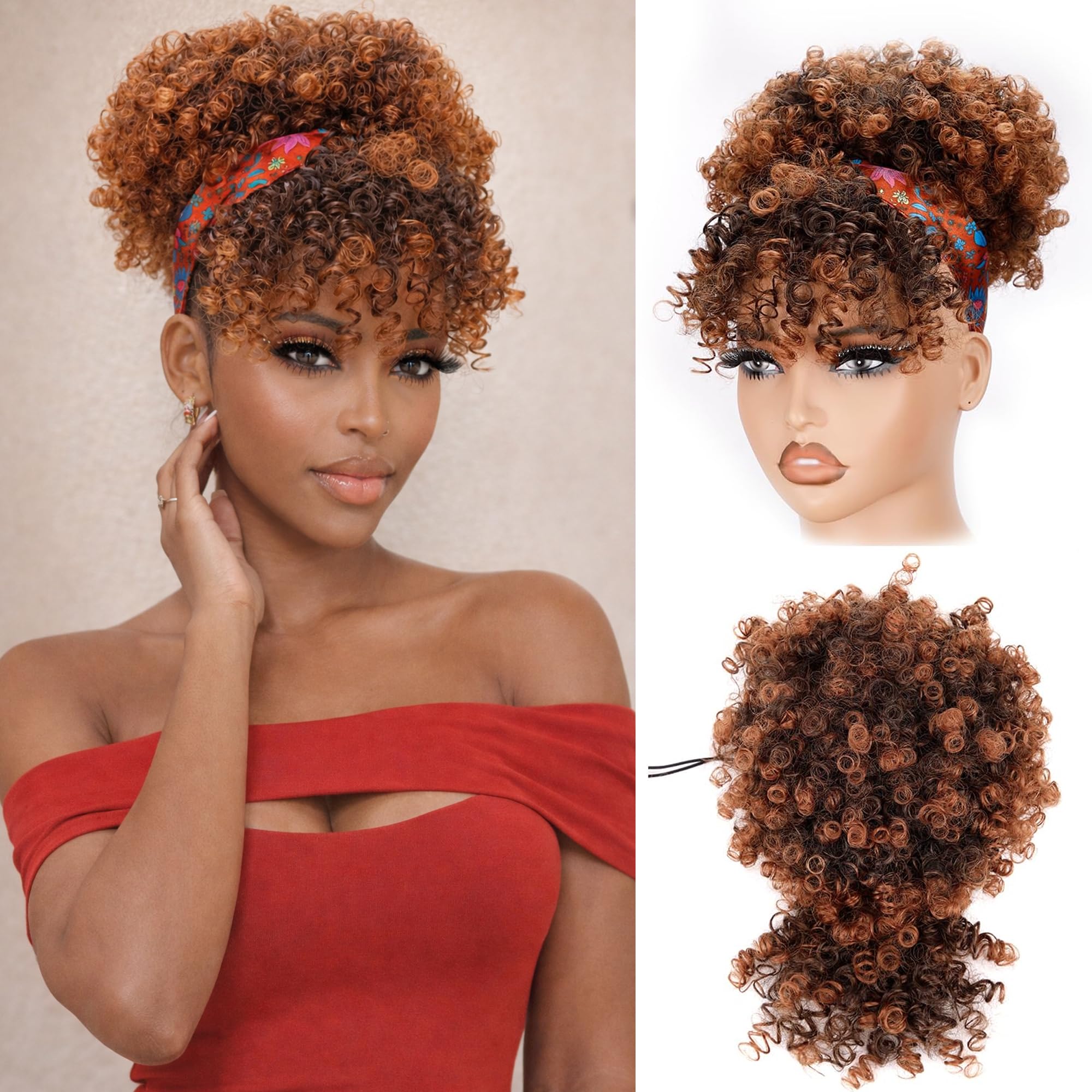 Drawstring Ponytail for Black Women, Afro Puff Kinky Curly Hair Ponytail Extension with Bangs Black Updo Natural Hair Ponytail (1B Natural Black)