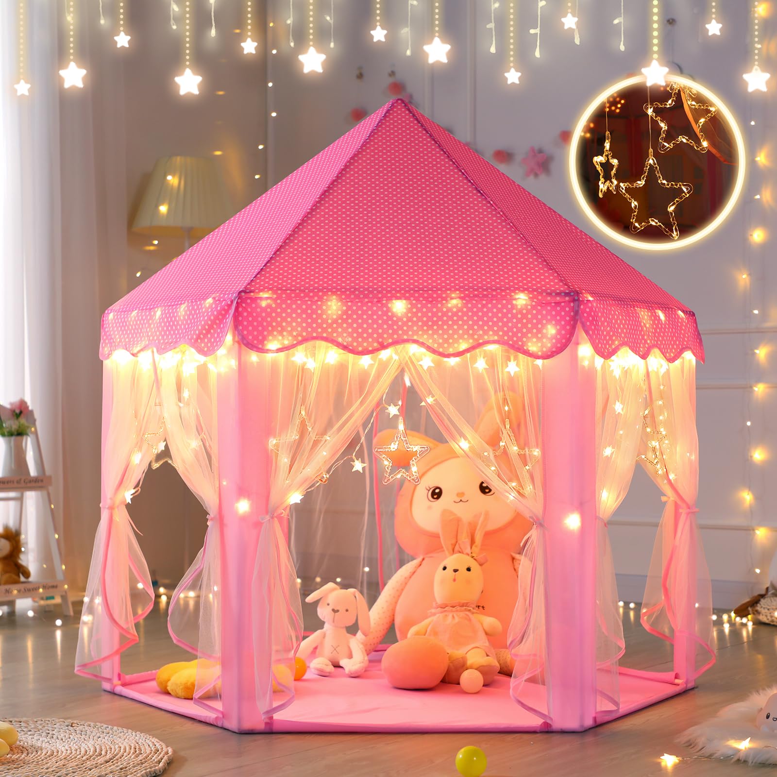 Monobeach Princess Tent Girls Large Playhouse Kids Castle Play Tent with Star Lights Toy for Children Indoor and Outdoor Games, 55'' x 53'' (DxH)