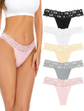 Seamless Women Thong,No Show Lace Underwear,Invisible,Cotton Blend | 5 Pack Ladies Lacy Band Breathable Athletic Panties,Comfortable Soft Undies,Comfy Gym Mid Rise Stretch No Seam Laced Tanga