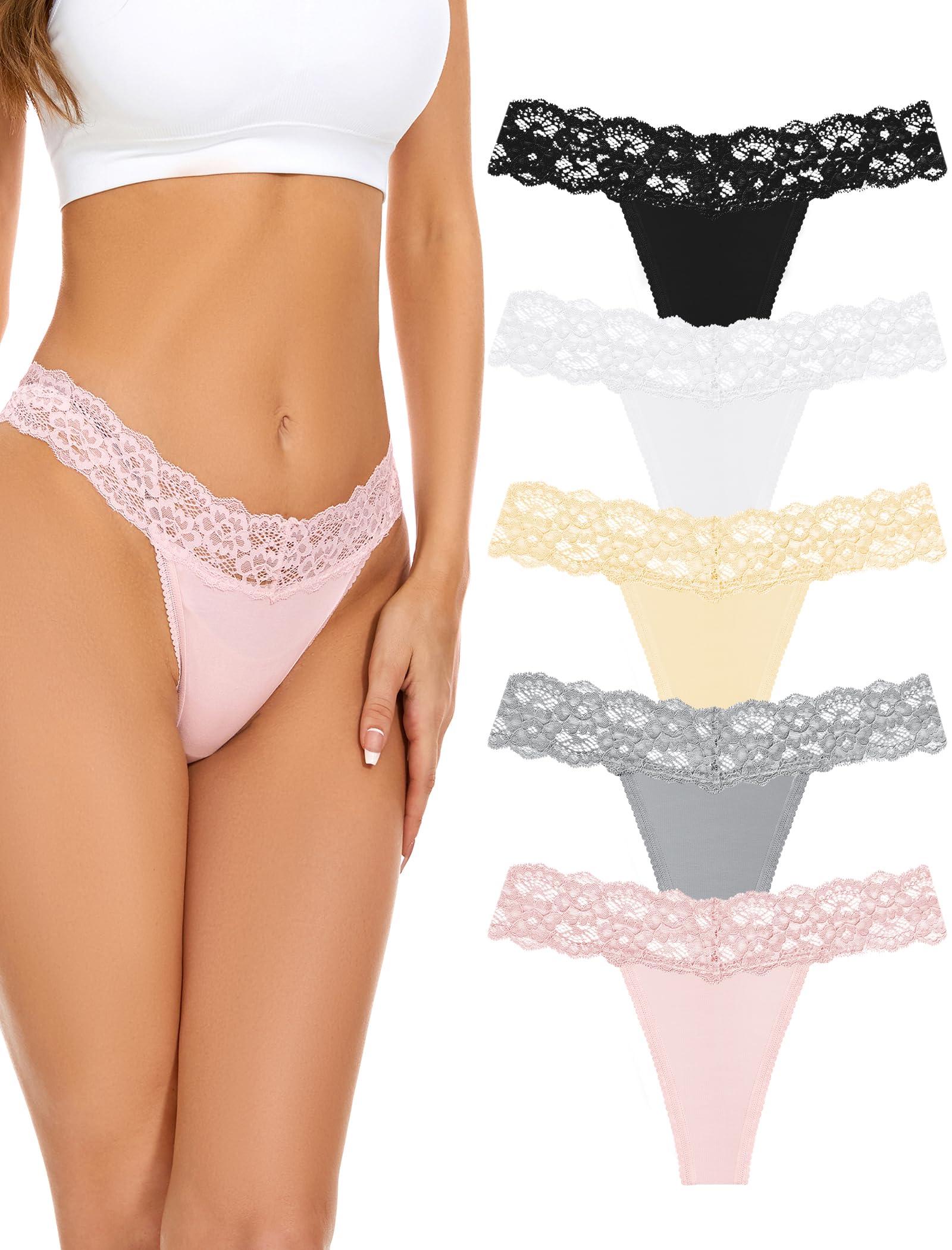 Seamless Women Thong,No Show Lace Underwear,Invisible,Cotton Blend | 5 Pack Ladies Lacy Band Breathable Athletic Panties,Comfortable Soft Undies,Comfy Gym Mid Rise Stretch No Seam Laced Tanga