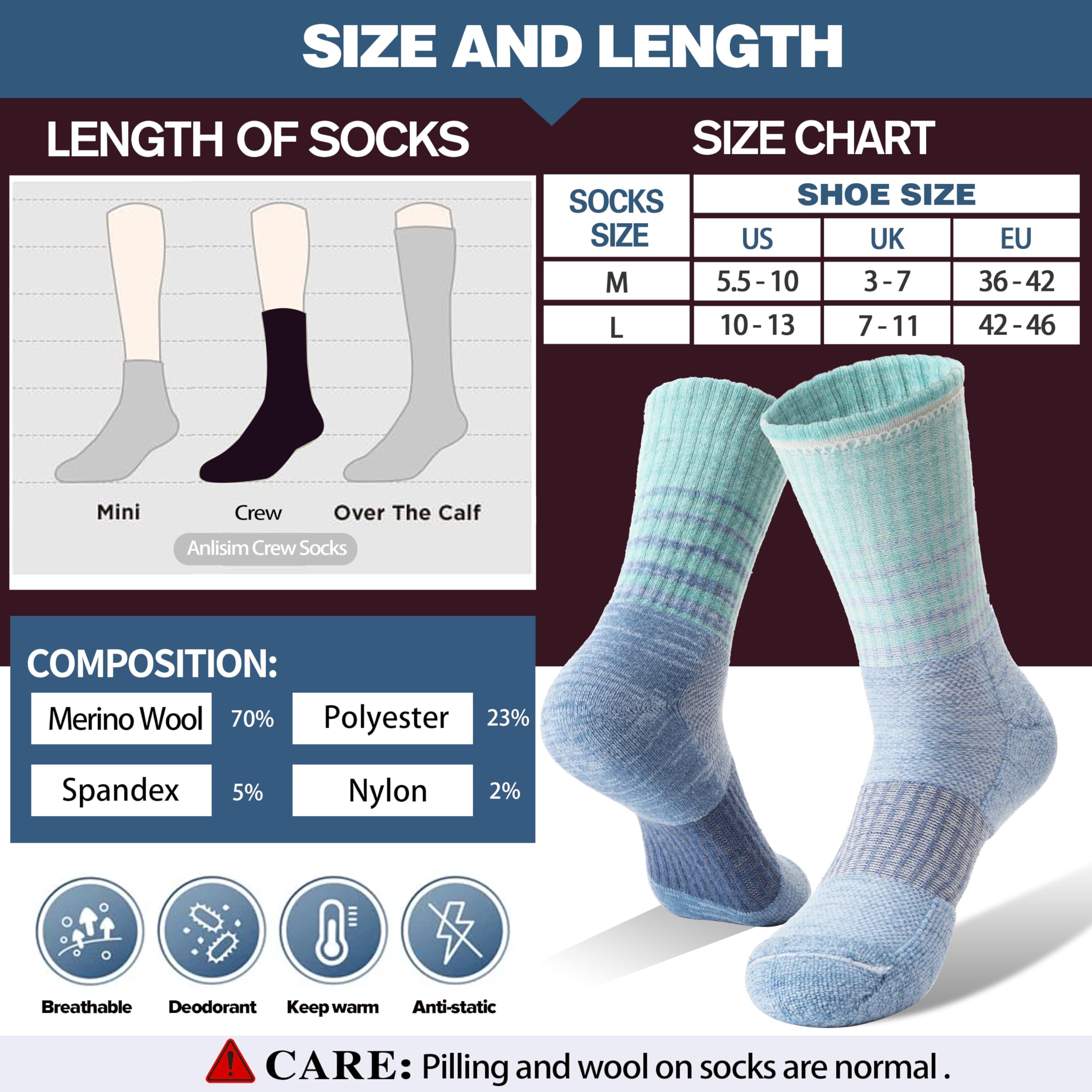 Merino Wool Hiking Socks for Women Thermal Winter Warm Boot Work Cushion Socks 5 Pairs