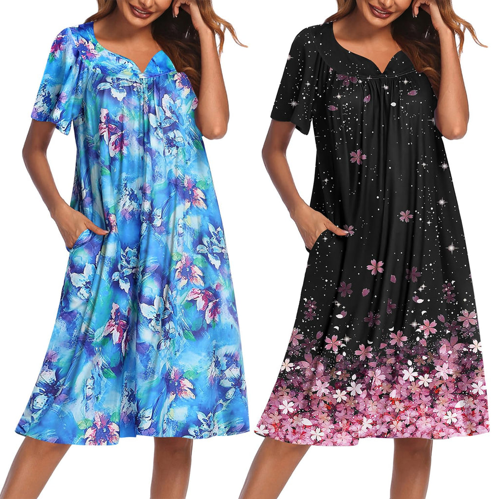 2 Pack House Dresses for Women with Pockets Short Sleeve Moo Moos Floral Print Mumu Dresses