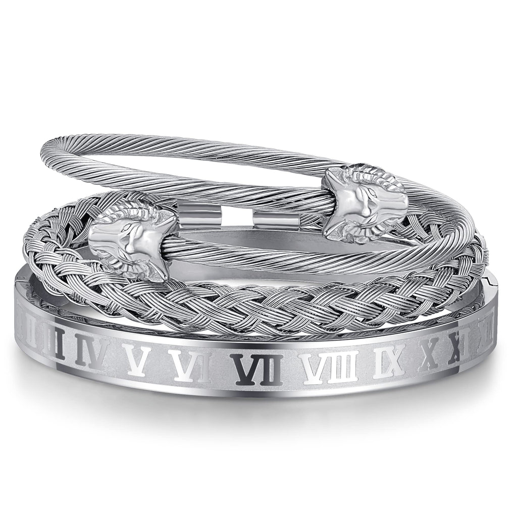 3PCS Stainless Steel Bracelets for Men Gold Roman Numeral Bangle Bracelet Twisted Cable Bracelet Adjustable Cuff Bracelet Mens Luxury Jewelry Bracelets Gifts