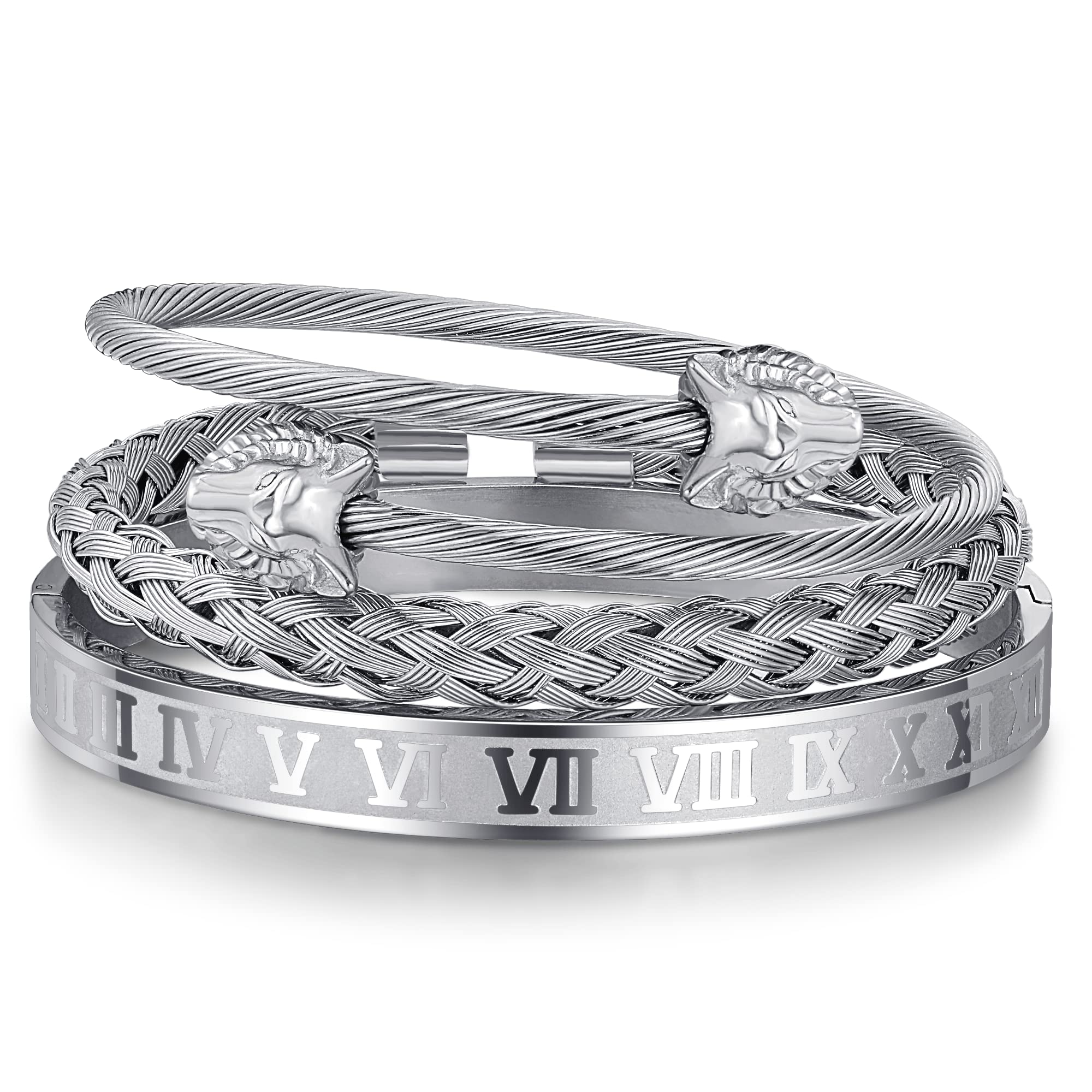 3PCS Stainless Steel Bracelets for Men Gold Roman Numeral Bangle Bracelet Twisted Cable Bracelet Adjustable Cuff Bracelet Mens Luxury Jewelry Bracelets Gifts