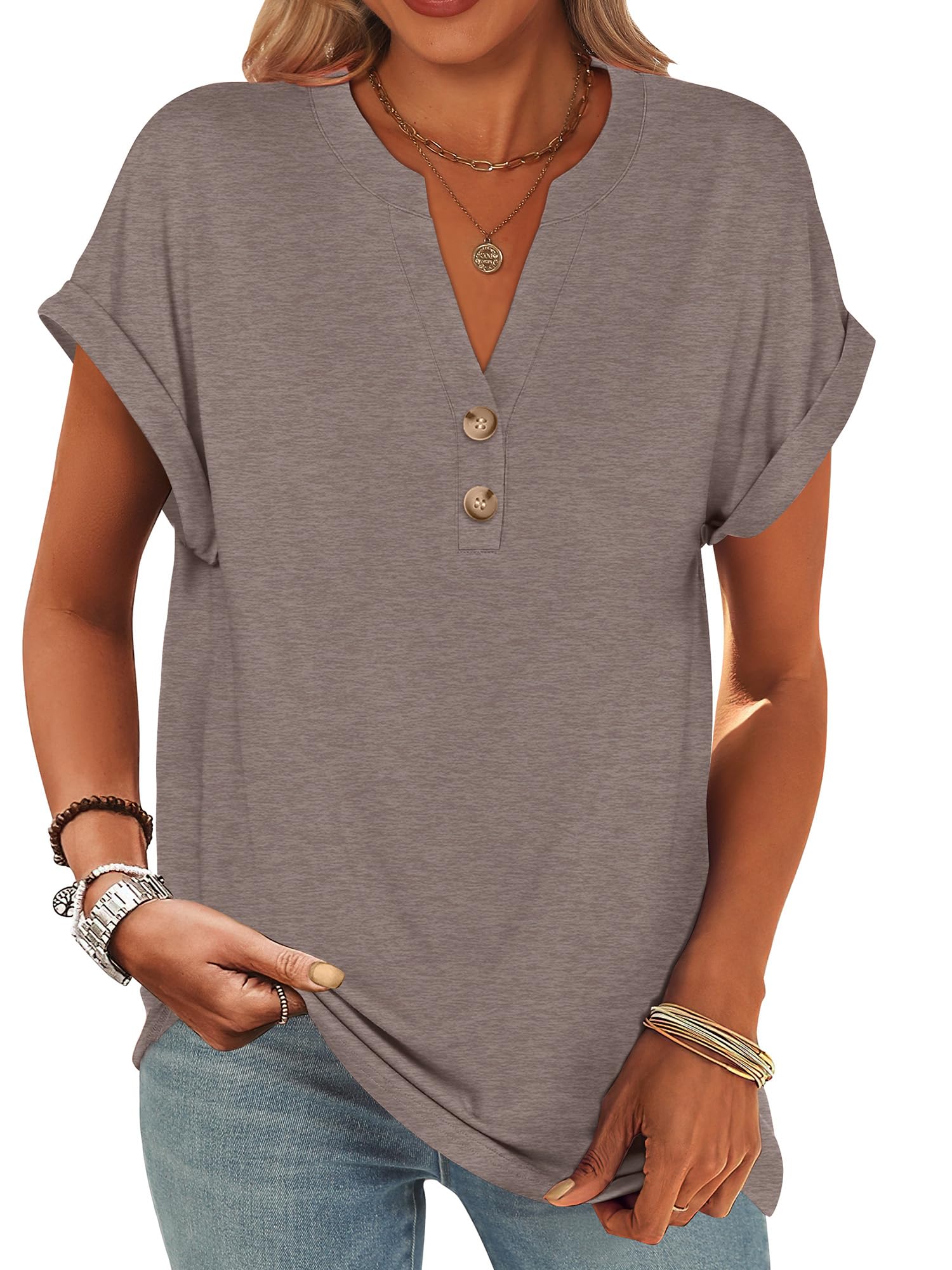 ANRABESS Womens Short Sleeve Henley Tops V Neck Dressy Casual Blouses Summer Trendy Tee Shirts 2026 Vacation Fashion Clothes