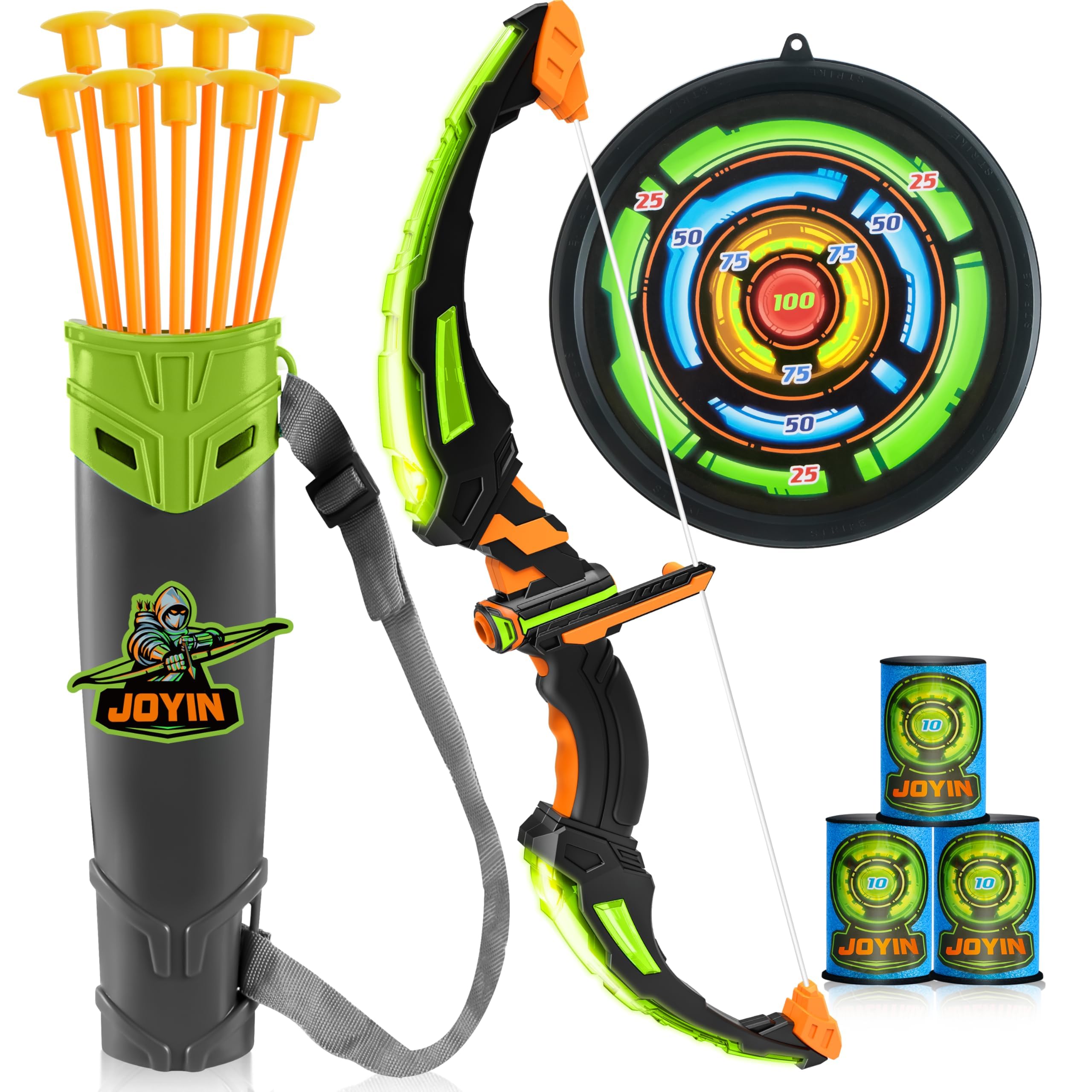JOYIN Kids Bow and Arrow Set, LED Light Up Archery Toy Set with 9 Suction Cup Arrows, Target & Arrow Case, Indoor and Outdoor Hunting Play Gift Toys for Kids, Boys & Girls Ages 6-12