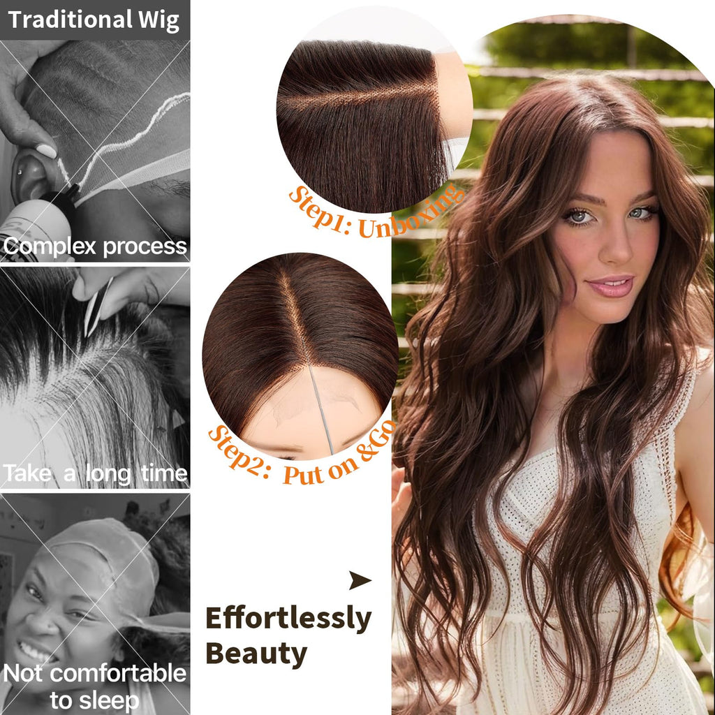 Long Brown Mixed Blonde Wavy Wig 4x1 Lace Natural Hairline Middle Part Curly Heat-Resistant Synthetic Fiber for Women & Beginners Daily Party Use 26In