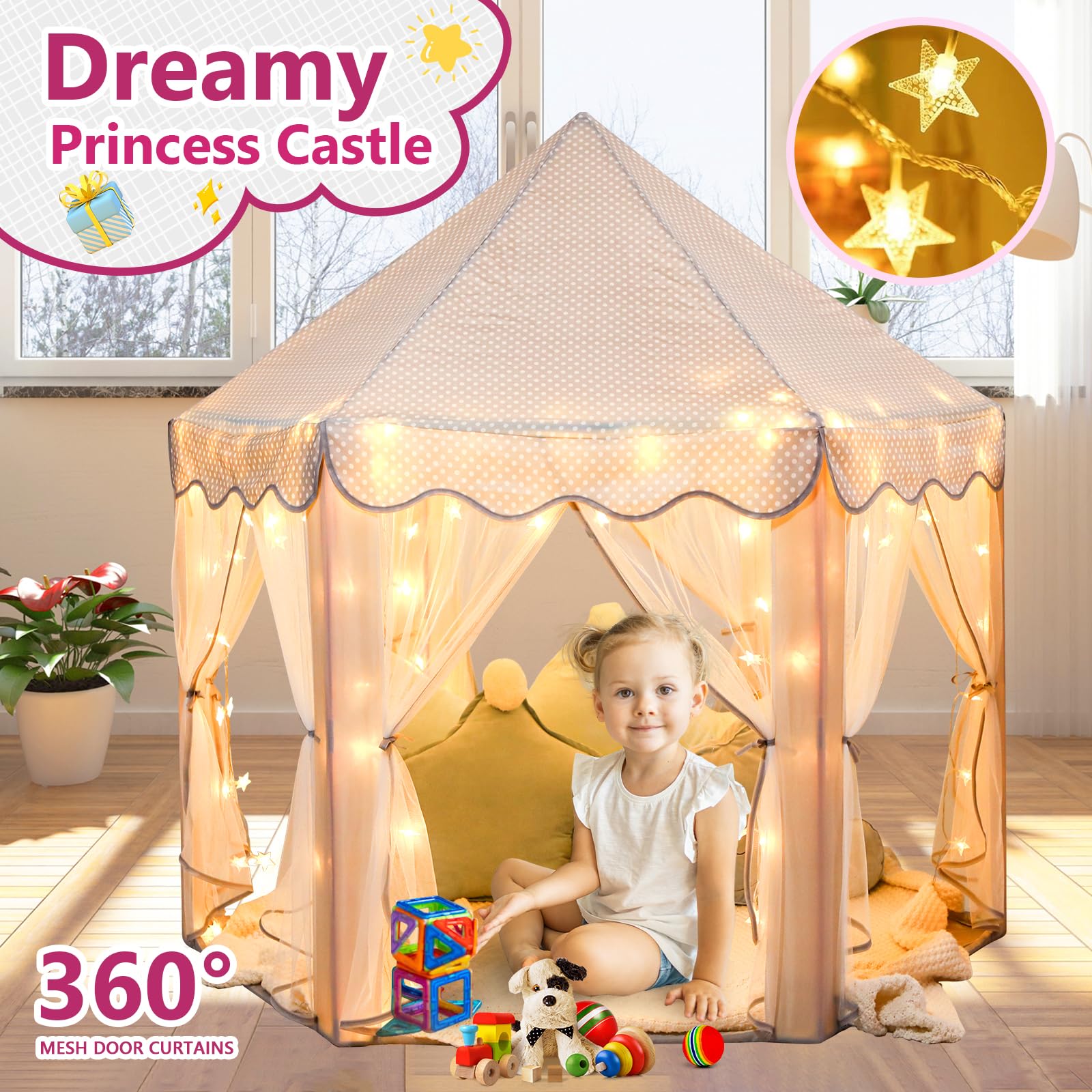 Monobeach Princess Tent Girls Large Playhouse Kids Castle Play Tent with Star Lights Toy for Children Indoor and Outdoor Games, 55'' x 53'' (DxH)
