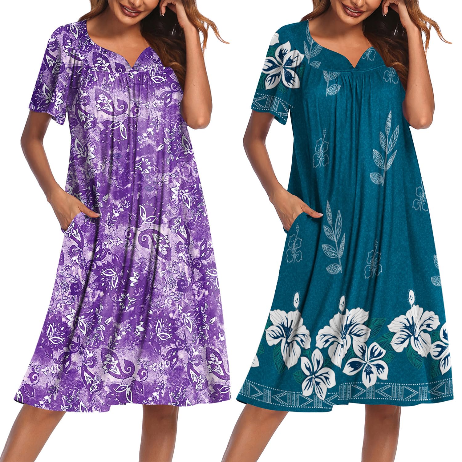 2 Pack House Dresses for Women with Pockets Short Sleeve Moo Moos Floral Print Mumu Dresses