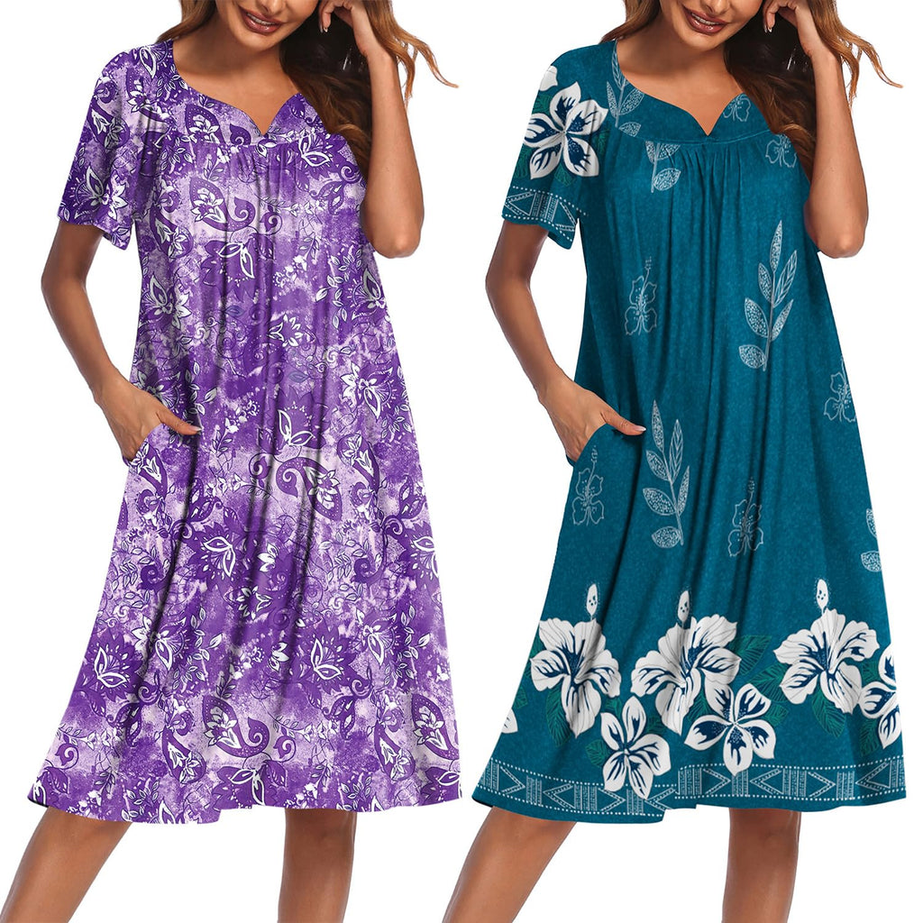 2 Pack House Dresses for Women with Pockets Short Sleeve Moo Moos Floral Print Mumu Dresses