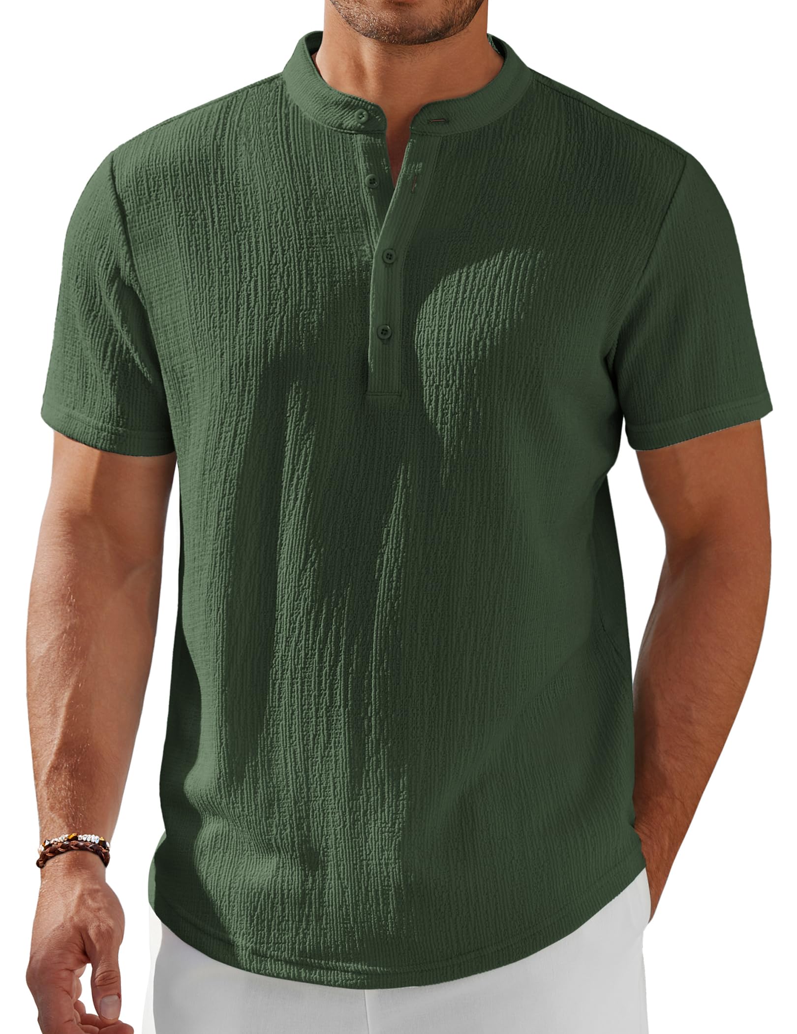 Men's Henley Shirt Short Sleeve Stand Collar Summer Casual Beach Hippie T-Shirts
