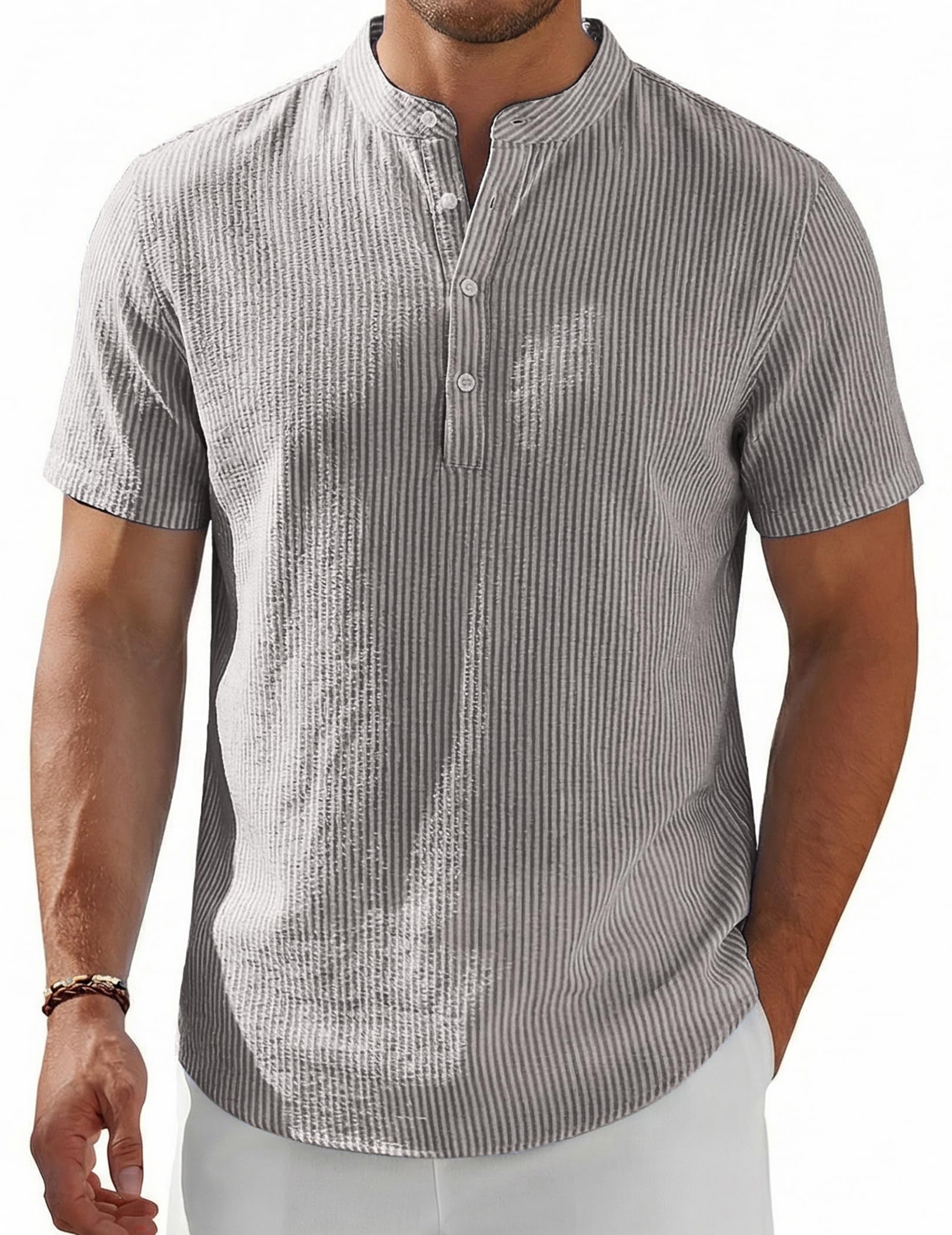 Men's Henley Shirt Short Sleeve Stand Collar Summer Casual Beach Hippie T-Shirts