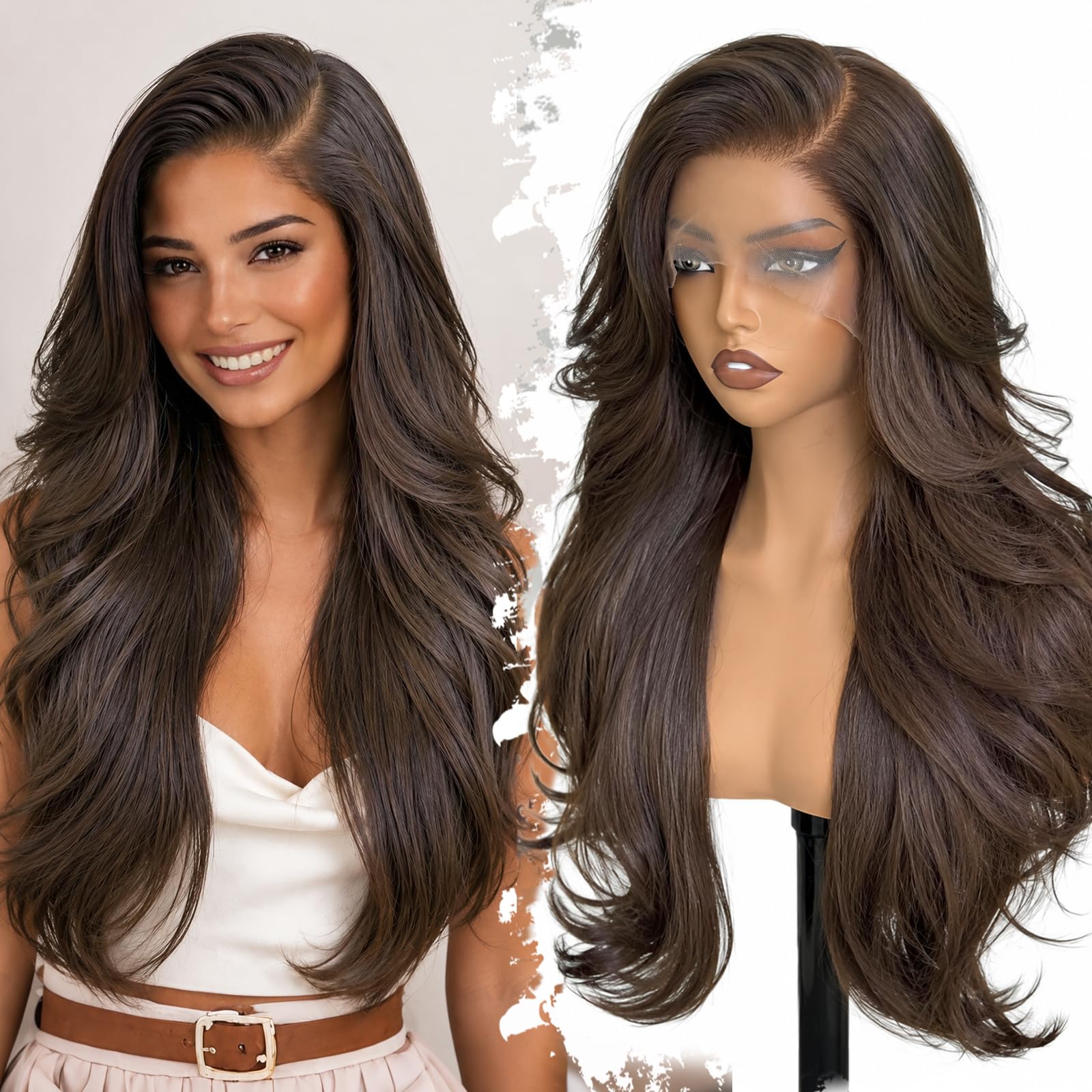 13x4 HD Lace Front Glueless Wigs for Women Black Long Layered Wave Wig Natural Hairline Heat Resistant Synthetic for Daily Use Beginner Friendly 26 Inch