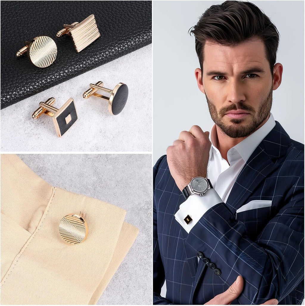 4 Pairs Cufflinks for Men Classic Tone Cuff Links Fashion Men Cufflinks Gold/Sliver Striped Disc Square Rectangle Cuff Links for Business Wedding Party Gift Box