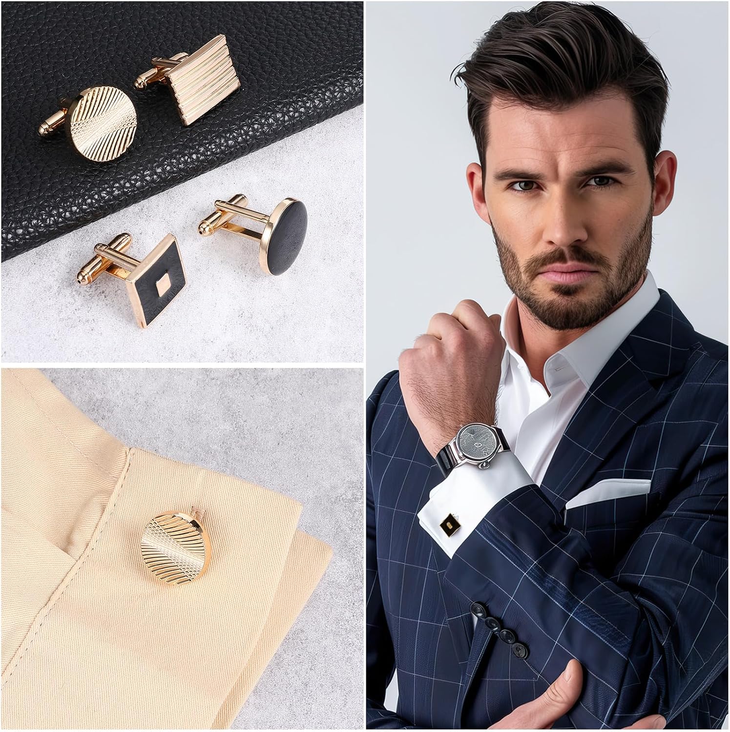 4 Pairs Cufflinks for Men Classic Tone Cuff Links Fashion Men Cufflinks Gold/Sliver Striped Disc Square Rectangle Cuff Links for Business Wedding Party Gift Box