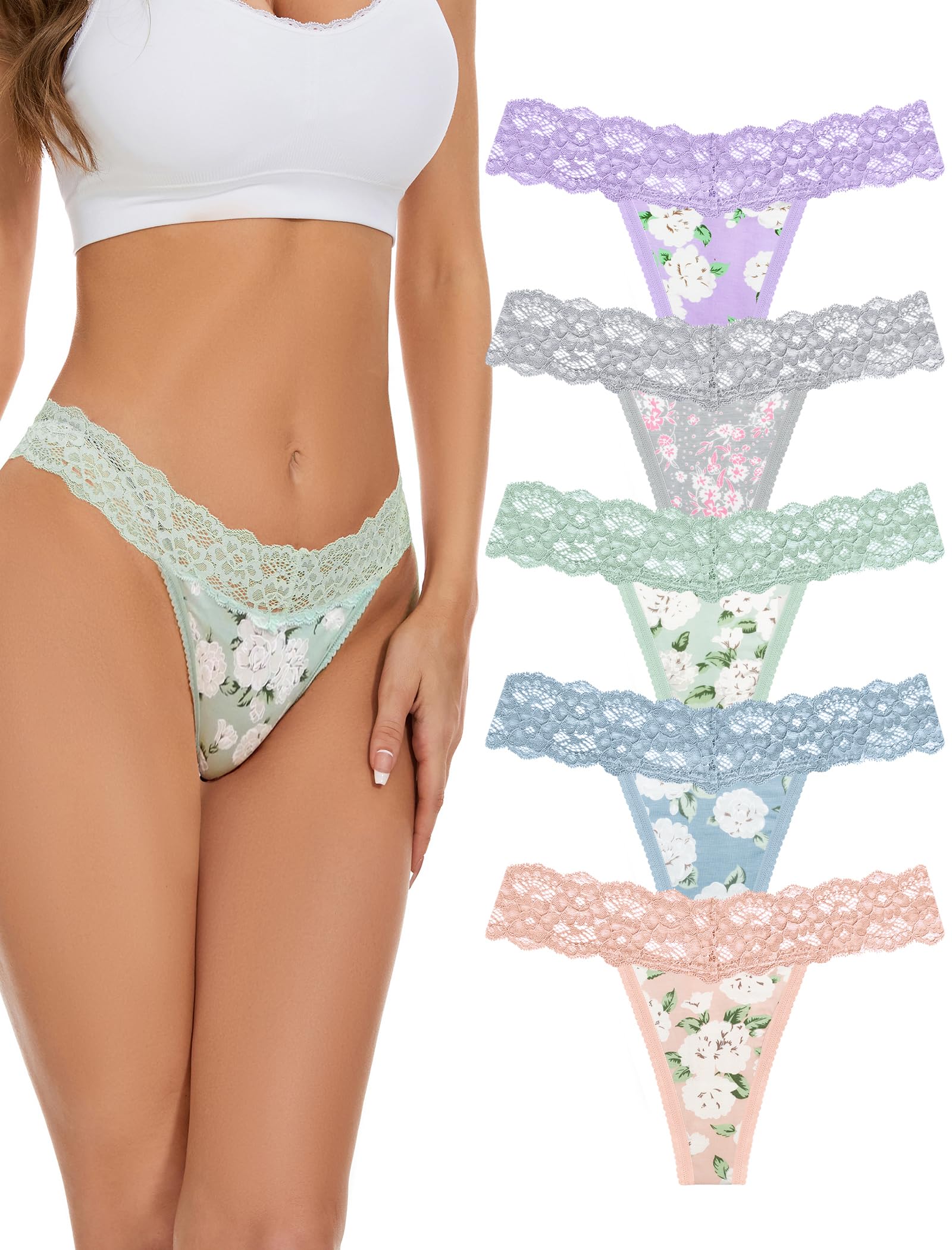 Seamless Women Thong,No Show Lace Underwear,Invisible,Cotton Blend | 5 Pack Ladies Lacy Band Breathable Athletic Panties,Comfortable Soft Undies,Comfy Gym Mid Rise Stretch No Seam Laced Tanga