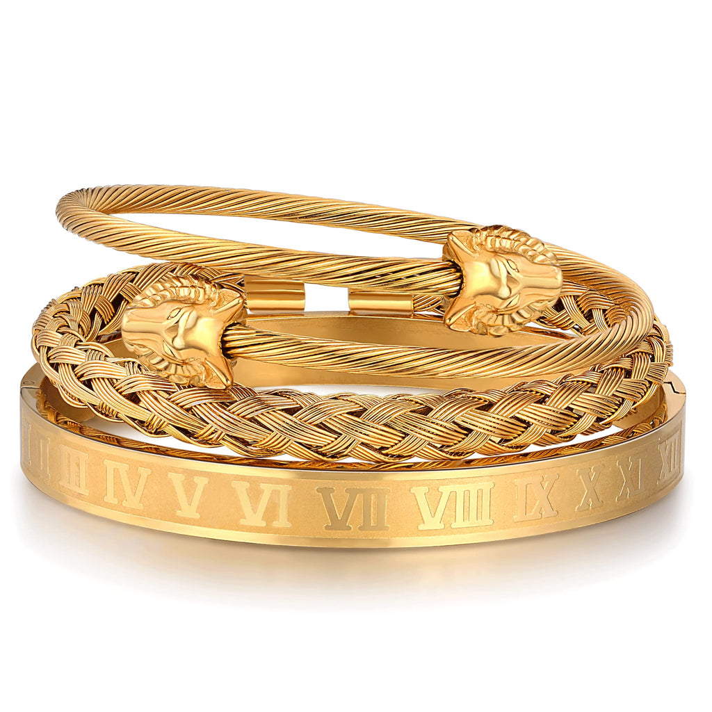 3PCS Stainless Steel Bracelets for Men Gold Roman Numeral Bangle Bracelet Twisted Cable Bracelet Adjustable Cuff Bracelet Mens Luxury Jewelry Bracelets Gifts