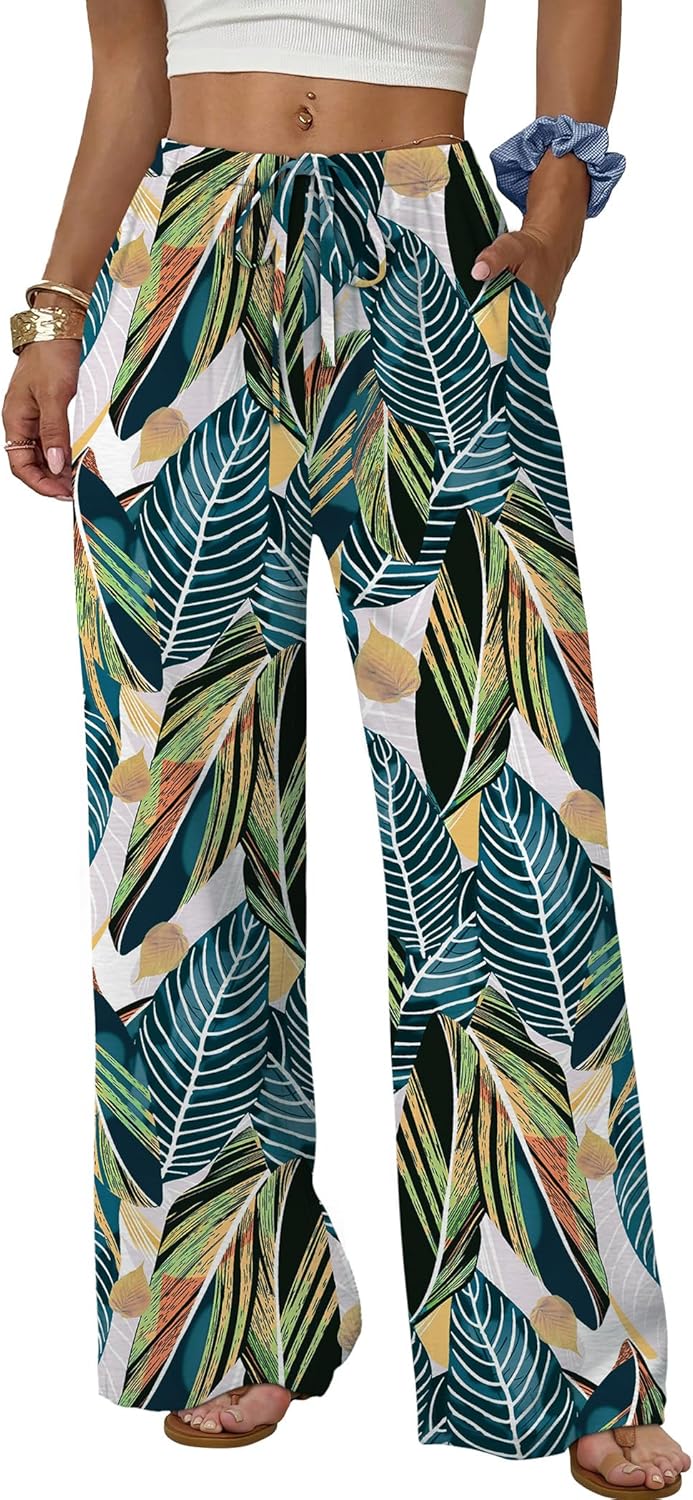 Wide Leg Pants for Women Flowy Palazzo Drawstring Elastic Waist Trousers with Pockets Summer Beach Vacation Clothes