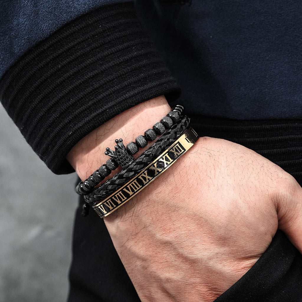 3PCS Stainless Steel Bracelets for Men Gold Roman Numeral Bangle Bracelet Twisted Cable Bracelet Adjustable Cuff Bracelet Mens Luxury Jewelry Bracelets Gifts