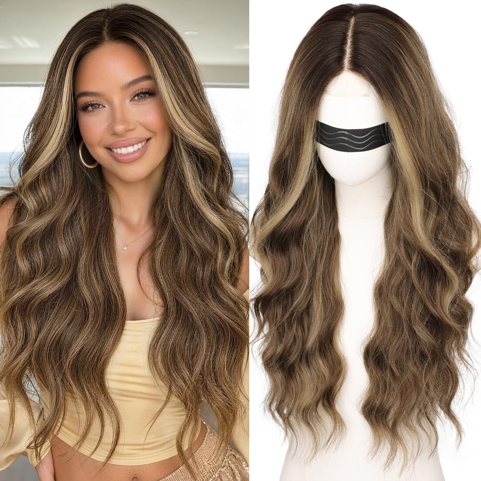 Long Brown Mixed Blonde Wavy Wig 4x1 Lace Natural Hairline Middle Part Curly Heat-Resistant Synthetic Fiber for Women & Beginners Daily Party Use 26In