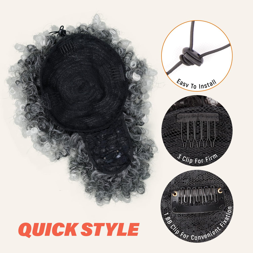 Drawstring Ponytail for Black Women, Afro Puff Kinky Curly Hair Ponytail Extension with Bangs Black Updo Natural Hair Ponytail (1B Natural Black)