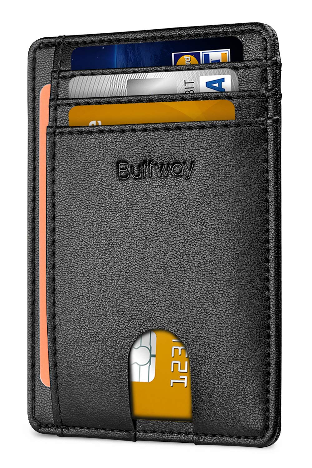 Slim Minimalist Front Pocket RFID Blocking Leather Wallets for Men and Women - Carbon Fiber Black