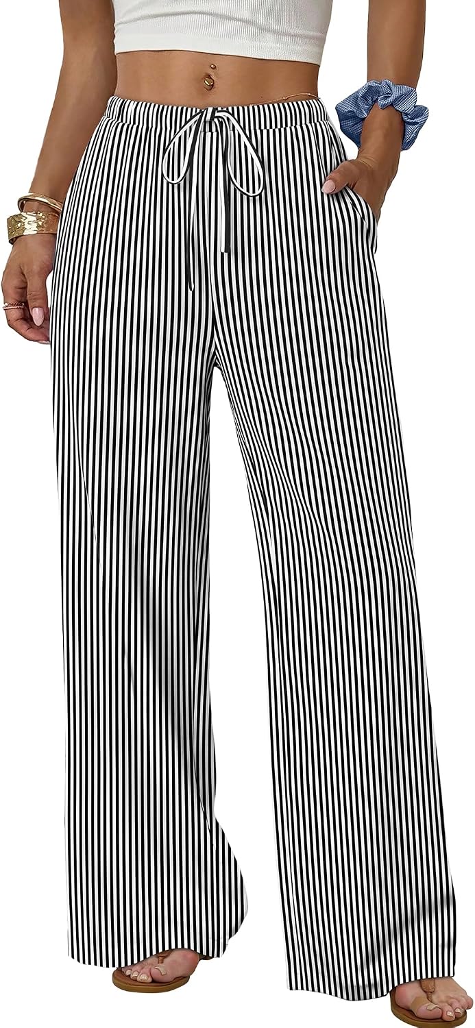 Wide Leg Pants for Women Flowy Palazzo Drawstring Elastic Waist Trousers with Pockets Summer Beach Vacation Clothes