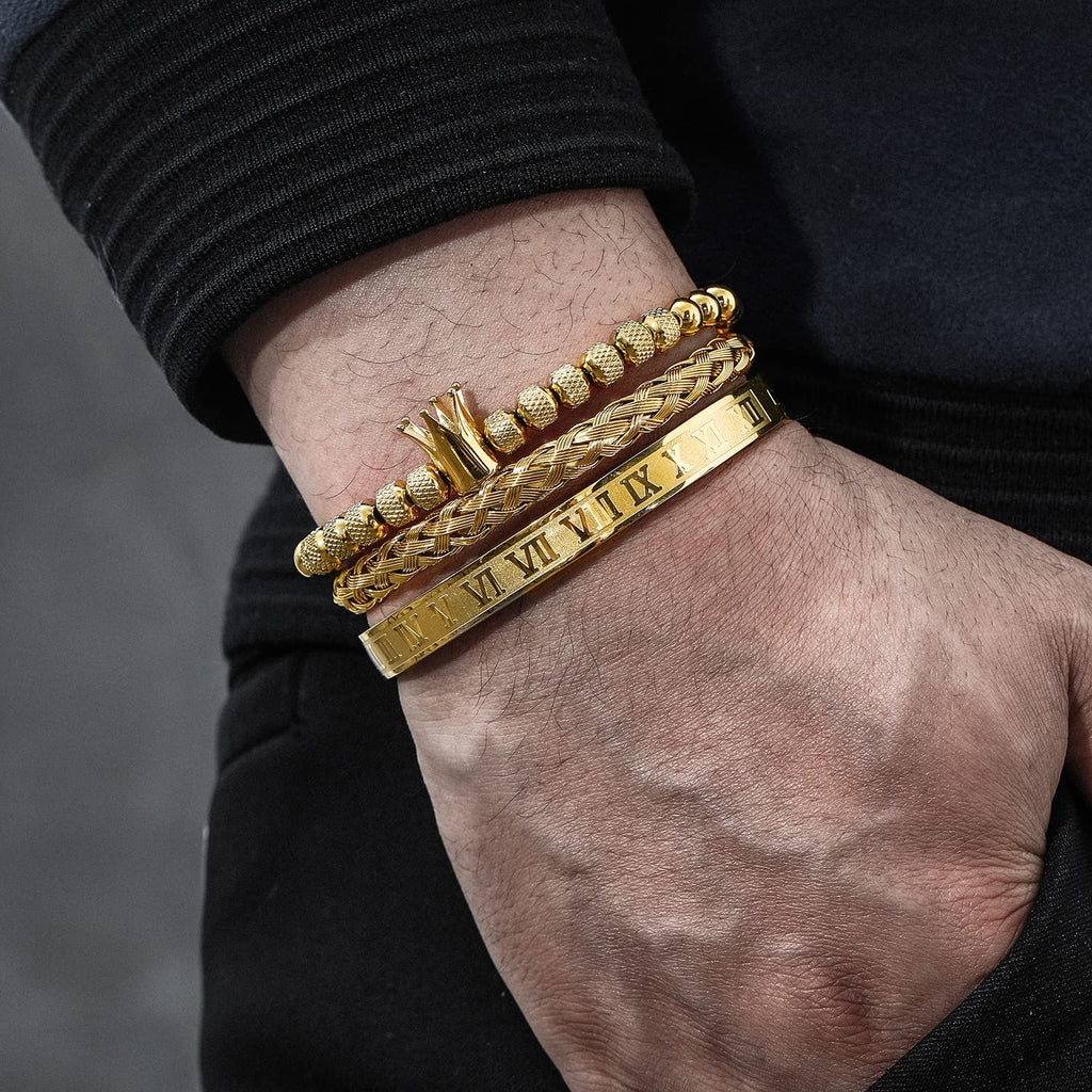3PCS Stainless Steel Bracelets for Men Gold Roman Numeral Bangle Bracelet Twisted Cable Bracelet Adjustable Cuff Bracelet Mens Luxury Jewelry Bracelets Gifts