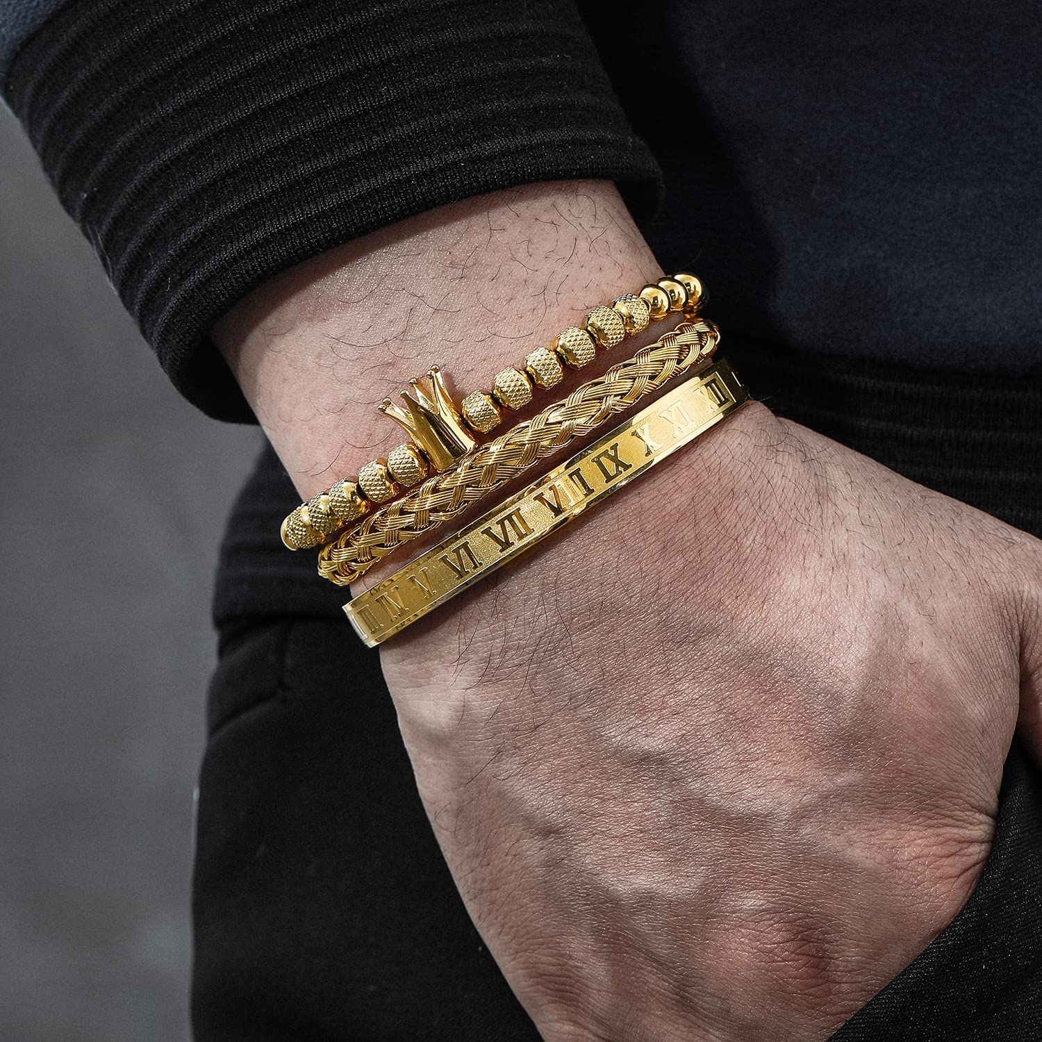 3PCS Stainless Steel Bracelets for Men Gold Roman Numeral Bangle Bracelet Twisted Cable Bracelet Adjustable Cuff Bracelet Mens Luxury Jewelry Bracelets Gifts
