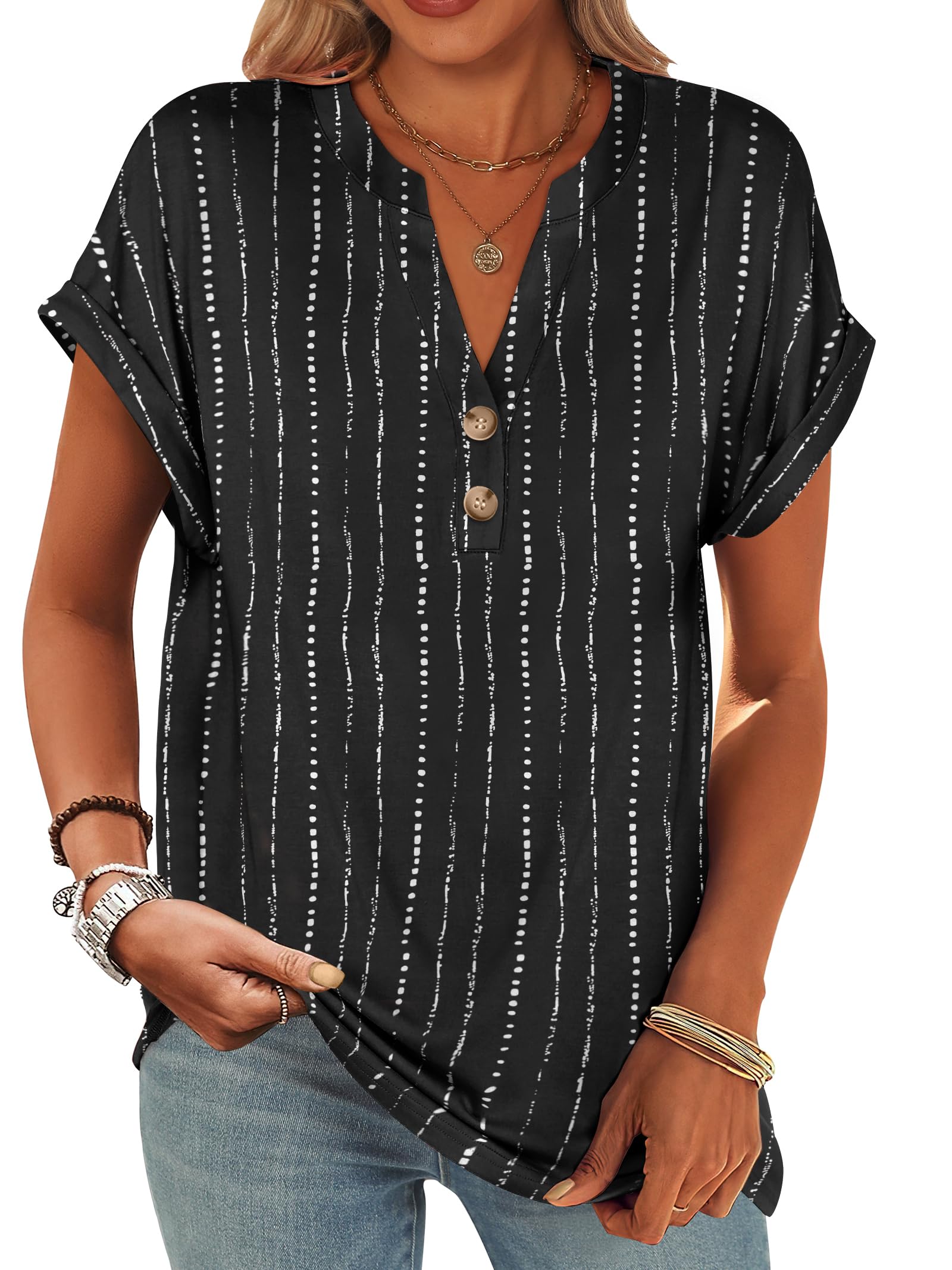 ANRABESS Womens Short Sleeve Henley Tops V Neck Dressy Casual Blouses Summer Trendy Tee Shirts 2026 Vacation Fashion Clothes