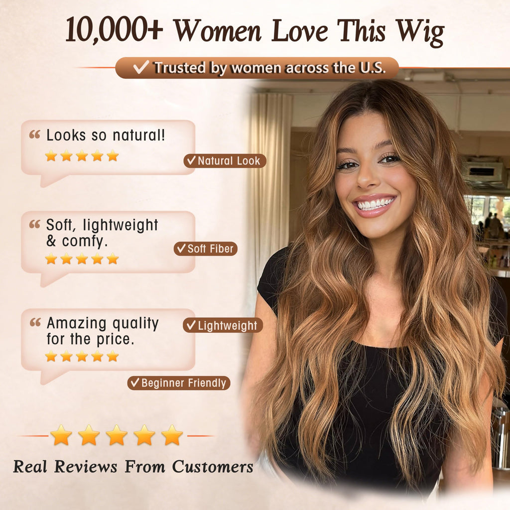 Long Brown Mixed Blonde Wavy Wig 4x1 Lace Natural Hairline Middle Part Curly Heat-Resistant Synthetic Fiber for Women & Beginners Daily Party Use 26In