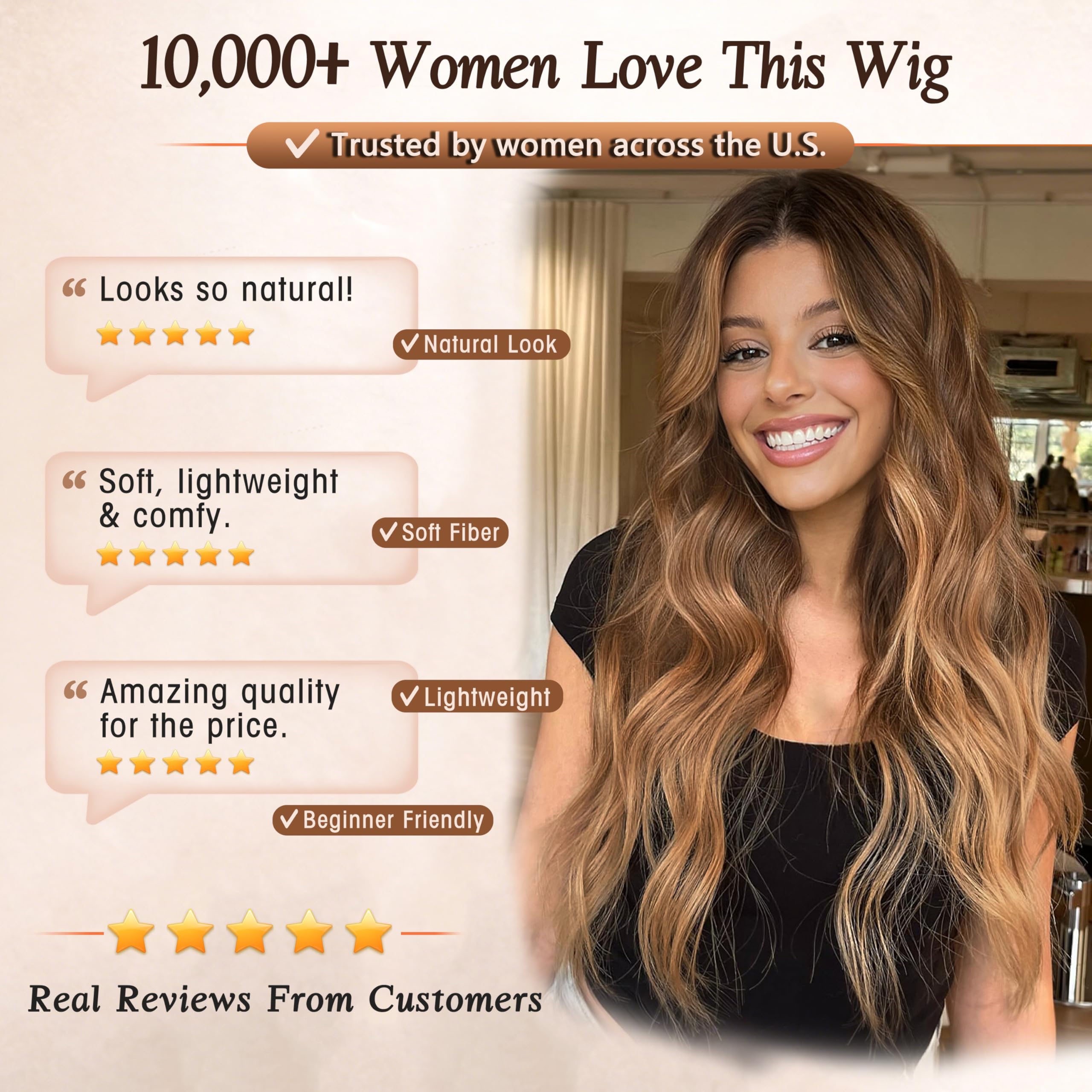 Long Brown Mixed Blonde Wavy Wig 4x1 Lace Natural Hairline Middle Part Curly Heat-Resistant Synthetic Fiber for Women & Beginners Daily Party Use 26In