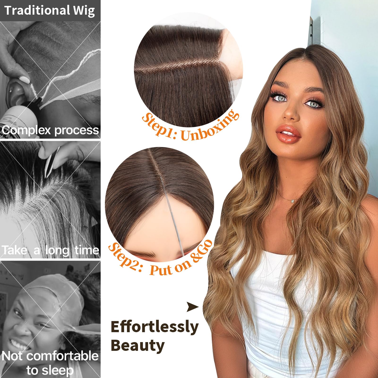 Long Brown Mixed Blonde Wavy Wig 4x1 Lace Natural Hairline Middle Part Curly Heat-Resistant Synthetic Fiber for Women & Beginners Daily Party Use 26In
