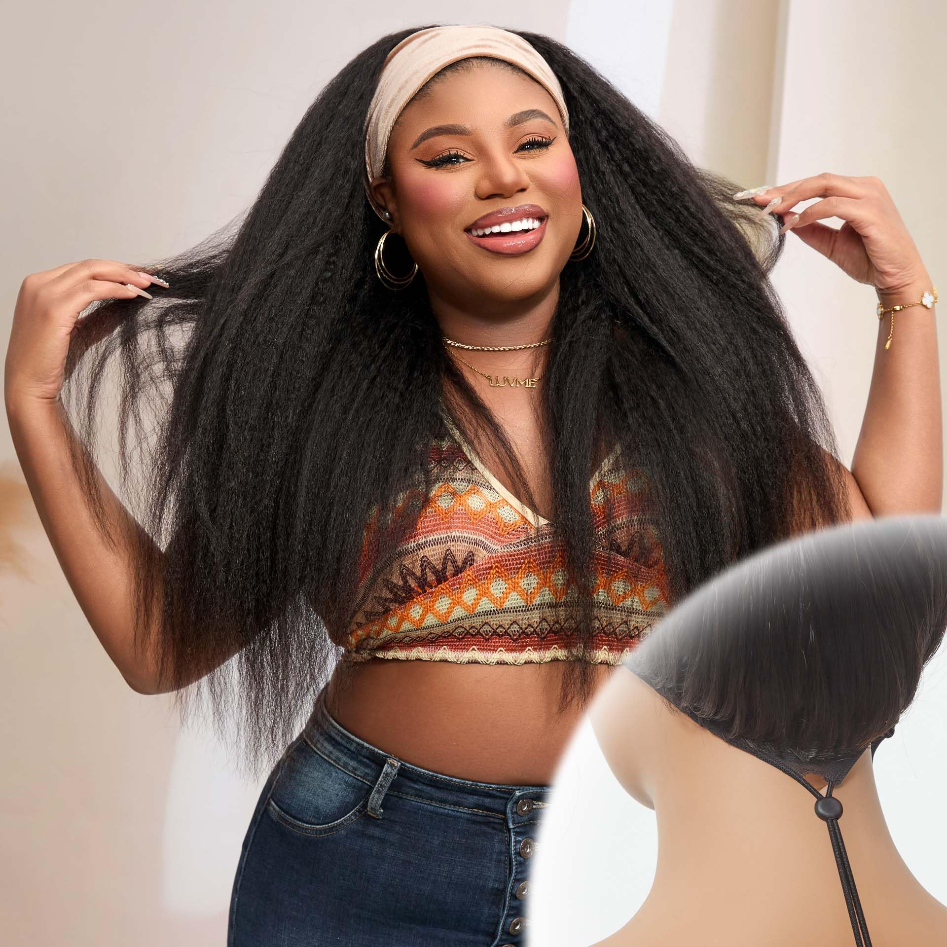 HAIR Headband Wig Human Hair Kinky Straight Drawstring Half Wig for Black Women 100% Real Human Hair Glueless None Lace Wigs Brazilian Virgin Hair Machine Made Wig 200 Density Natural Color