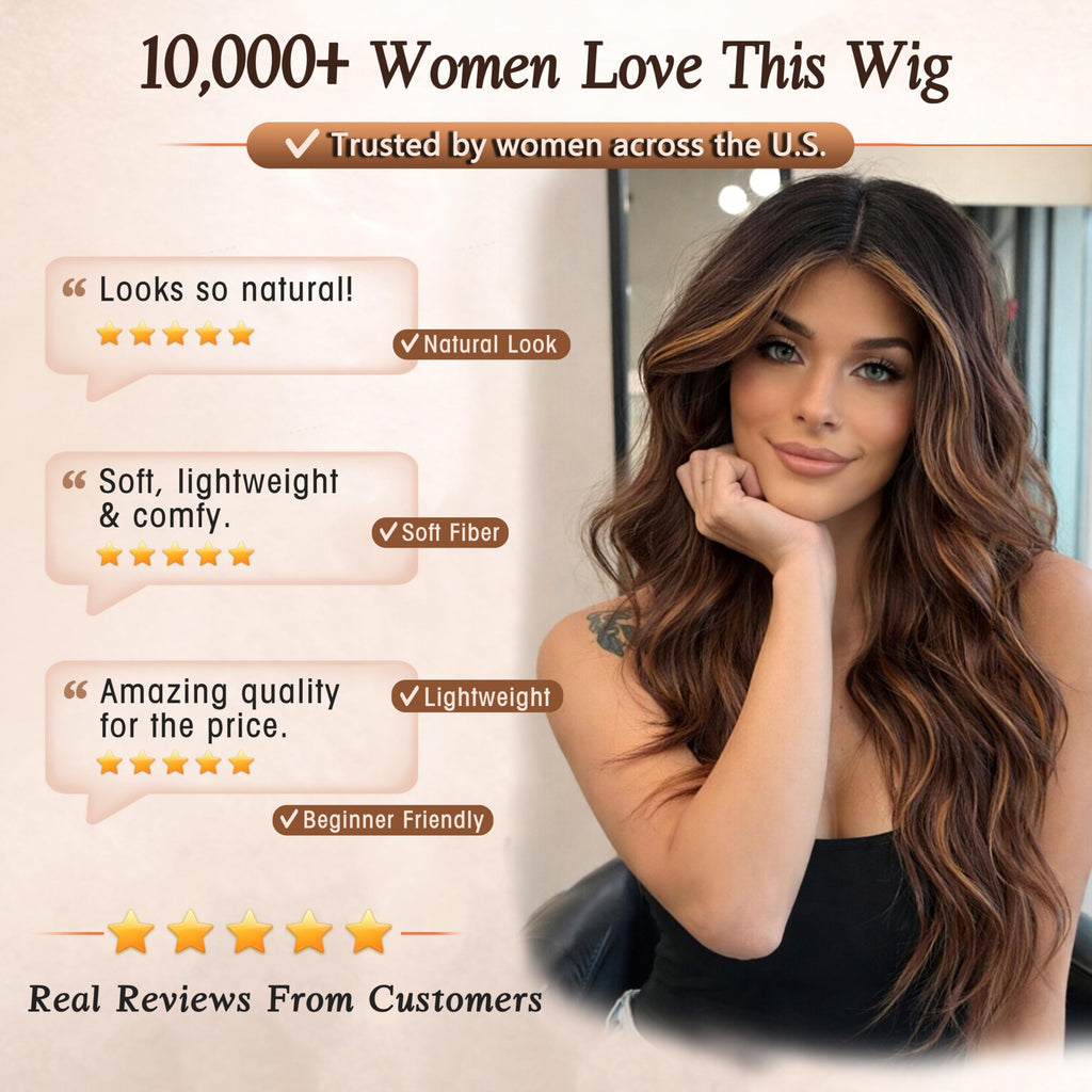 Long Brown Mixed Blonde Wavy Wig 4x1 Lace Natural Hairline Middle Part Curly Heat-Resistant Synthetic Fiber for Women & Beginners Daily Party Use 26In