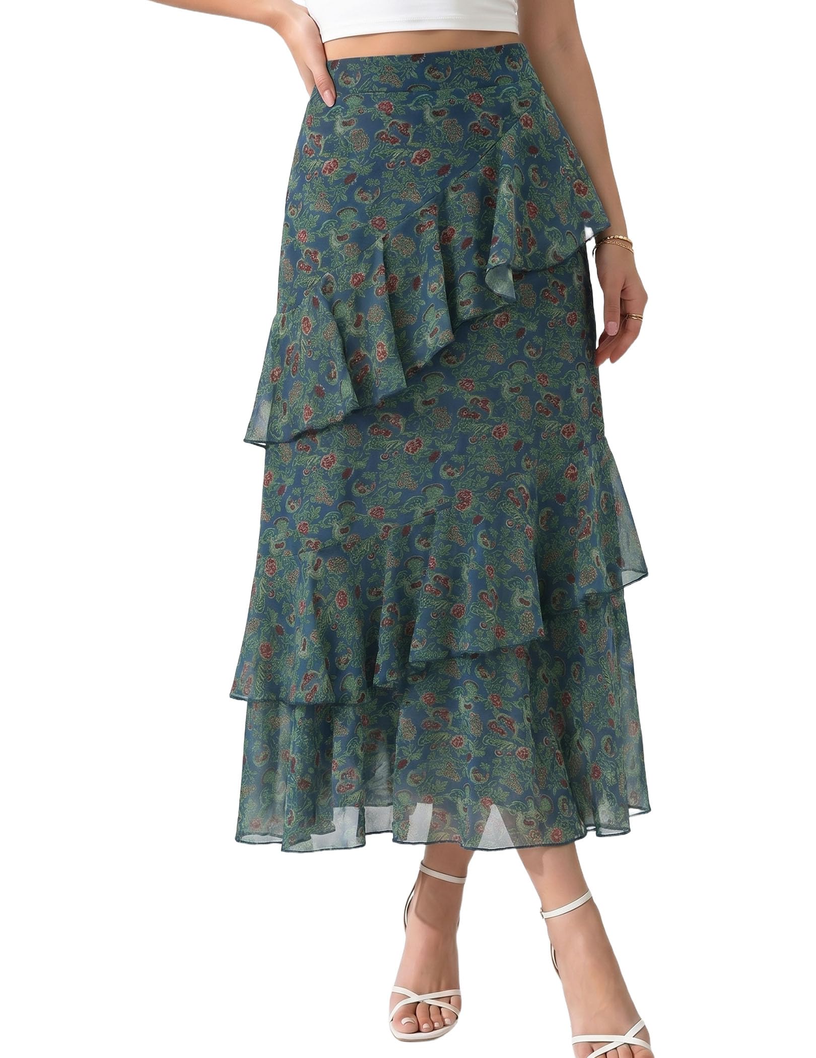 Women's Boho Flowy White Maxi Skirt Flared Ruffle Elastic Waist Summer A Line 2026 Spring Long Skirts