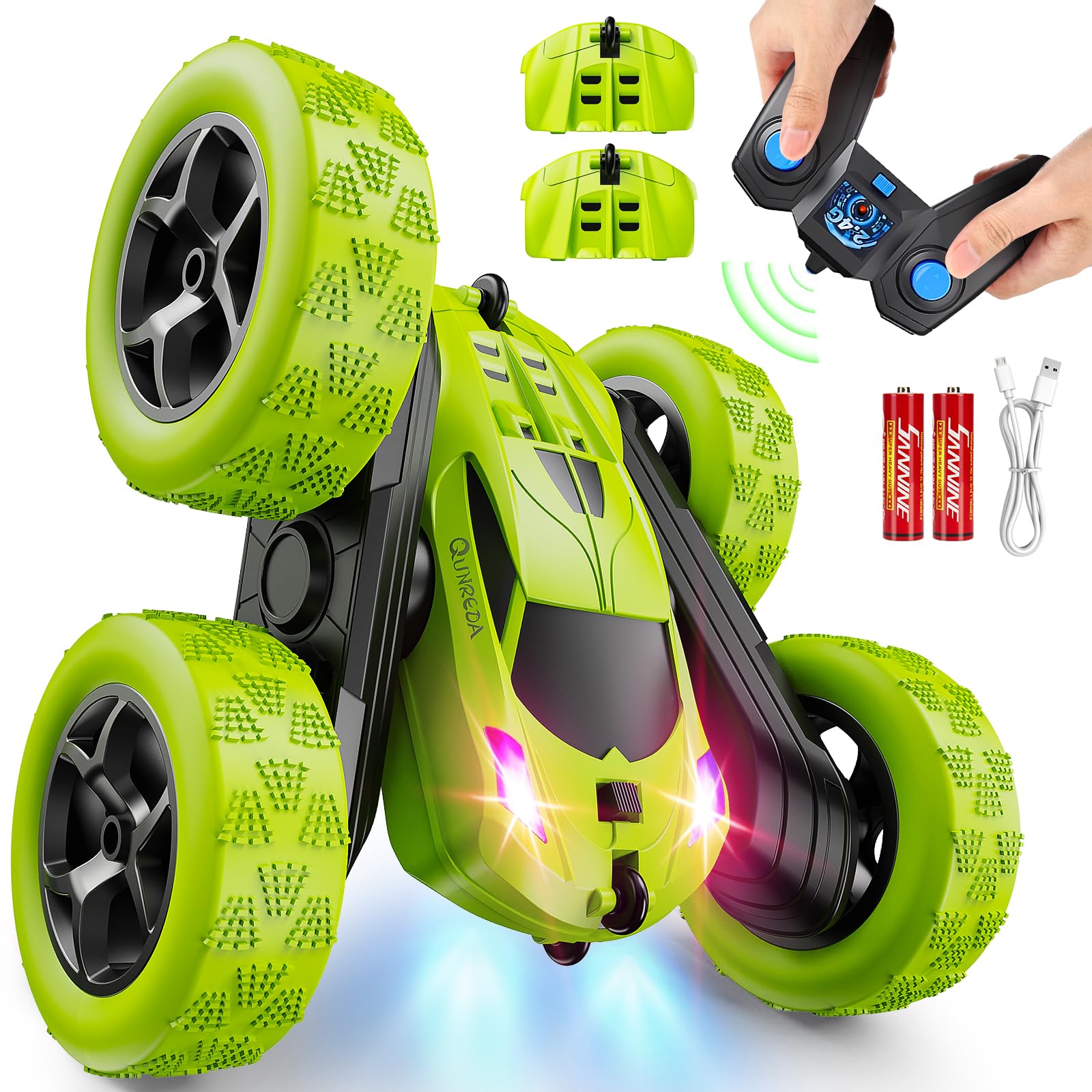 QUNREDA RC Cars, Pink Remote Control Car for Girls, 2.4 GHZ Double Sided RC Stunt Car 360° Rotating Remote Control Crawler with Headlights Car Toys for 6 7 8 9 10 11 12 Girls Birthday Gift Grandkids