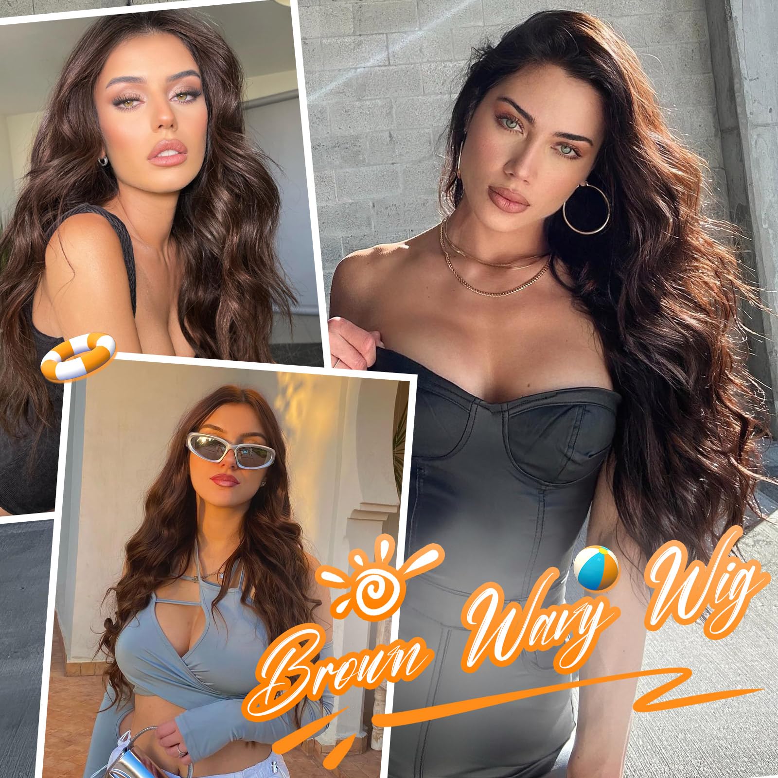 Long Brown Mixed Blonde Wavy Wig 4x1 Lace Natural Hairline Middle Part Curly Heat-Resistant Synthetic Fiber for Women & Beginners Daily Party Use 26In